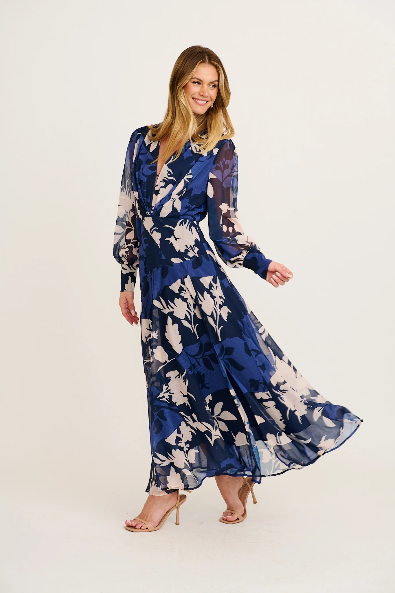 Martina Maxi Dress in Navy and Blue Floral Chiffon - Image 3