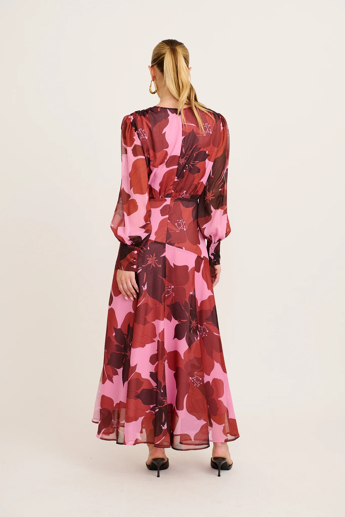 Martina Maxi Dress in Pink and Red Floral Chiffon - Image 4