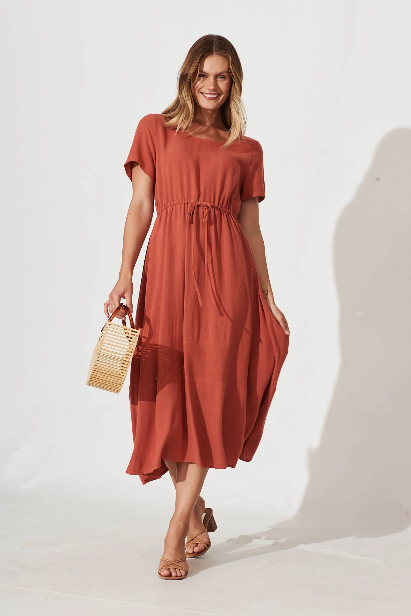 Mary Midi Dress In Rust Linen Blend
