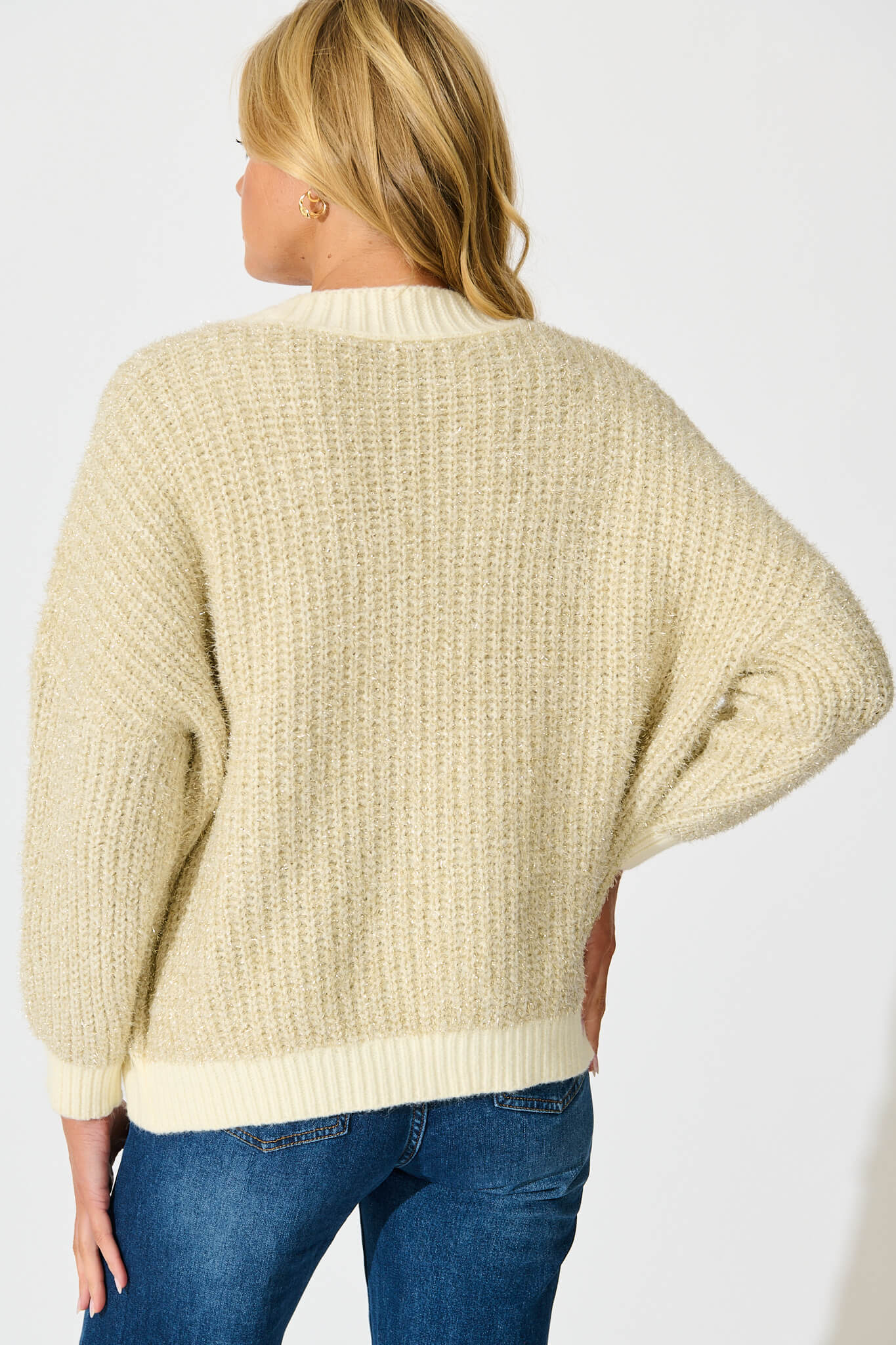 Masami Knit Cardigan In Beige Lurex with Contrast Trim - Image 3