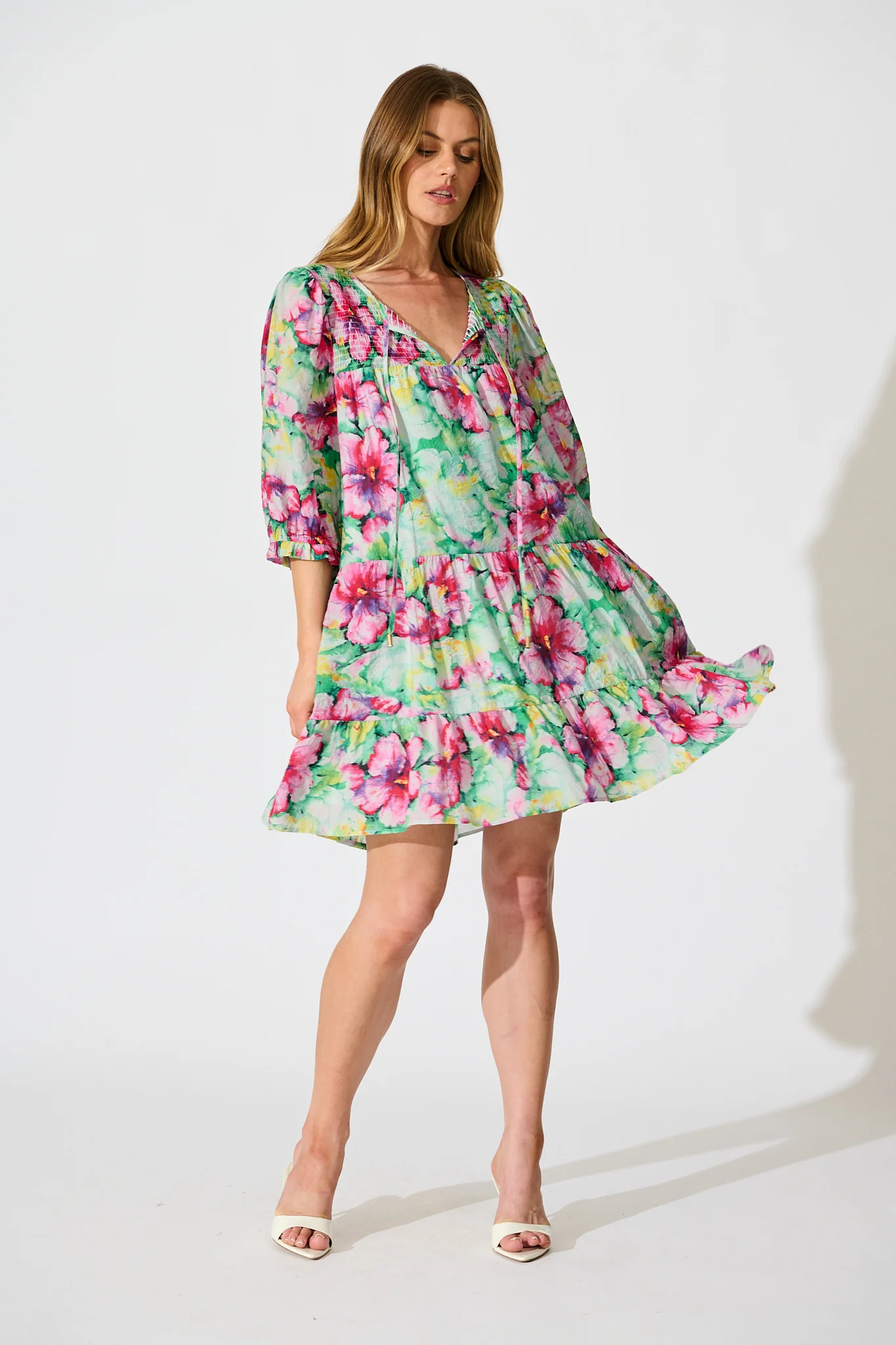 Mattea Smock Dress in Green with Multi Floral