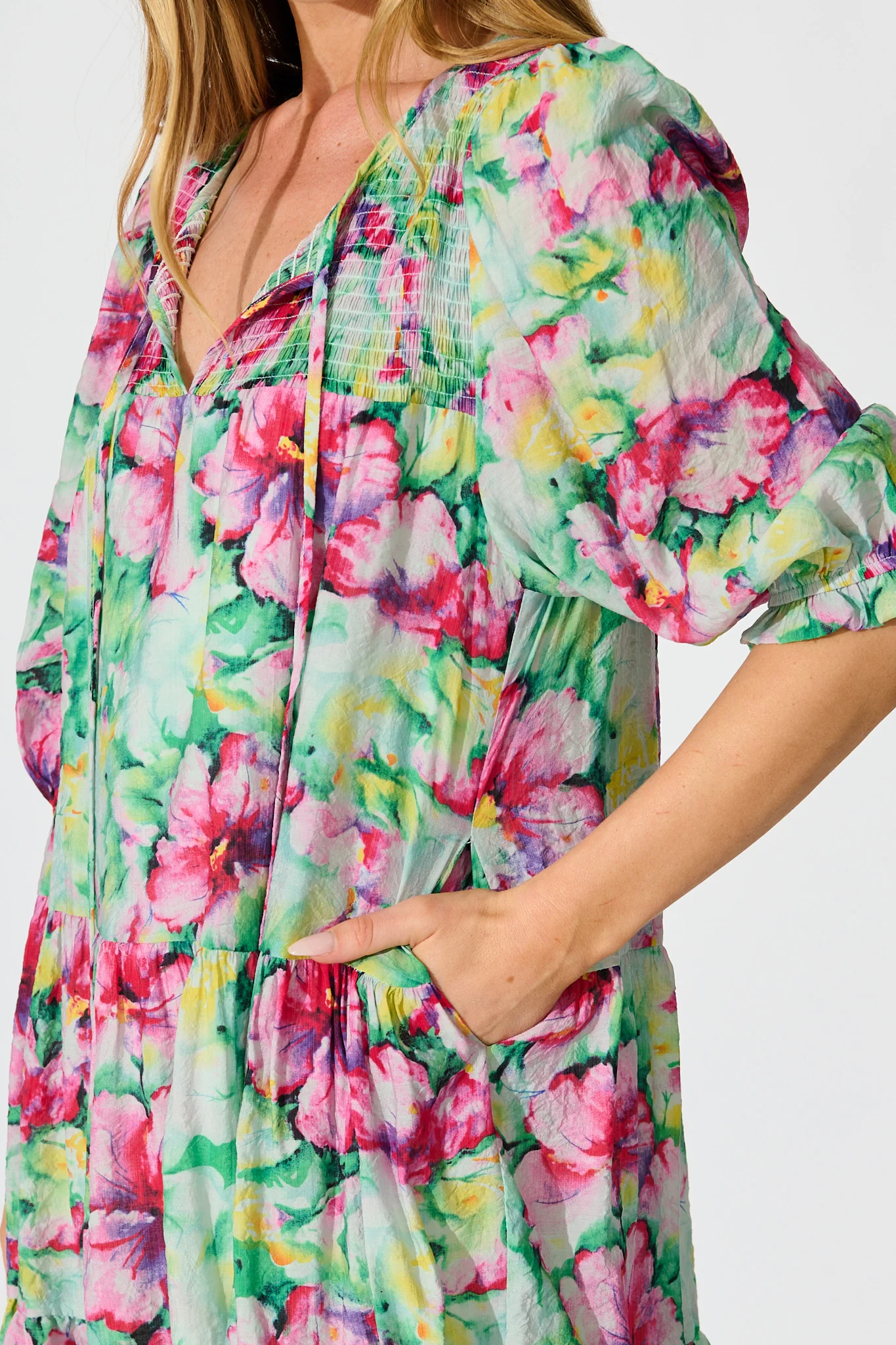 Mattea Smock Dress in Green with Multi Floral - Image 5