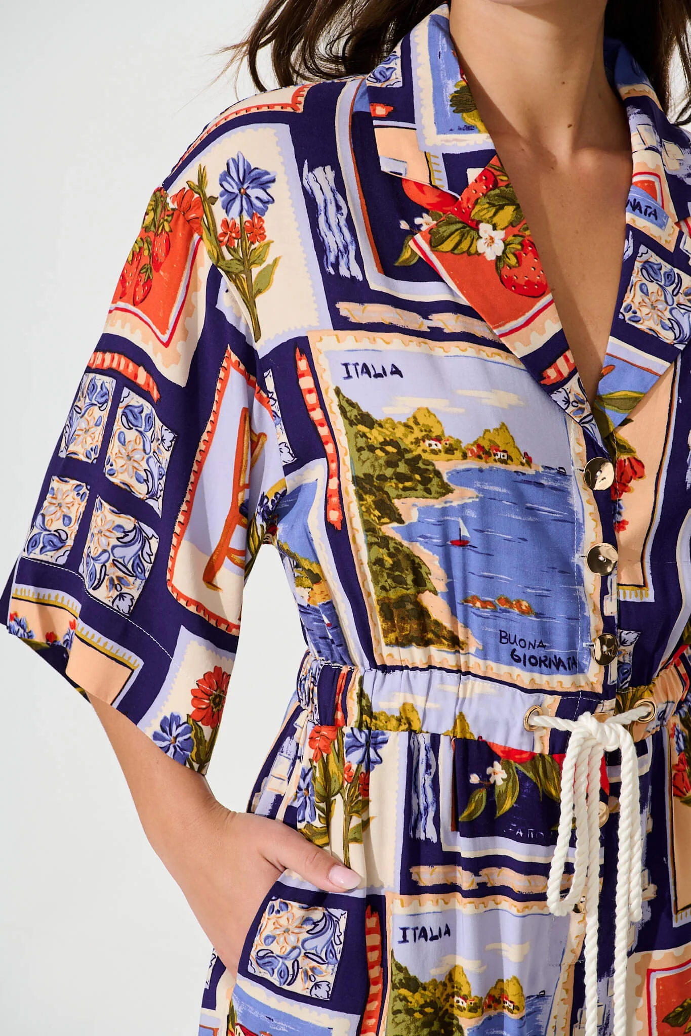 Maui Playsuit In Blue Multi Postcard Print - Image 6