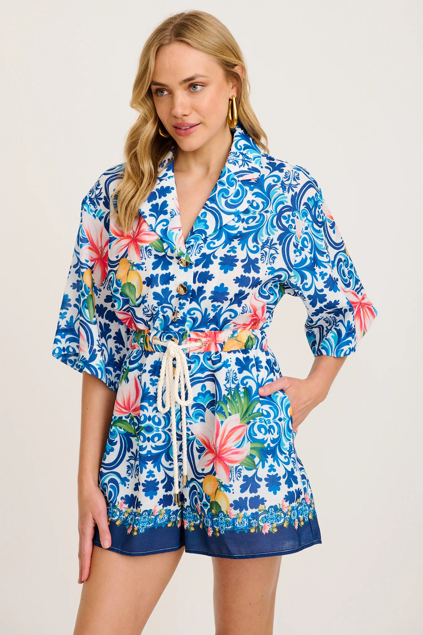 Maui Playsuit in Blue Multi Tiles Print Linen Blend - Image 2