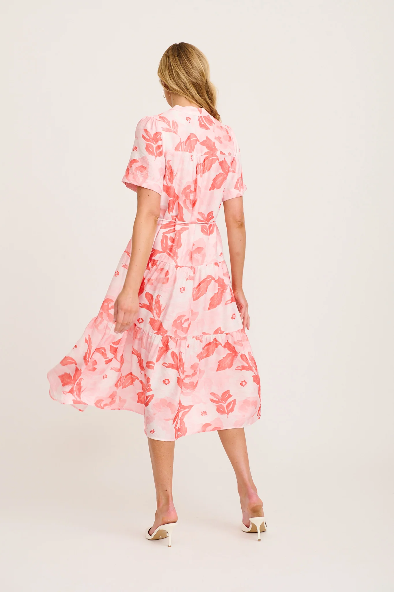 Maura Midi Dress in Multi Pink and Red Leaf Print - Image 4