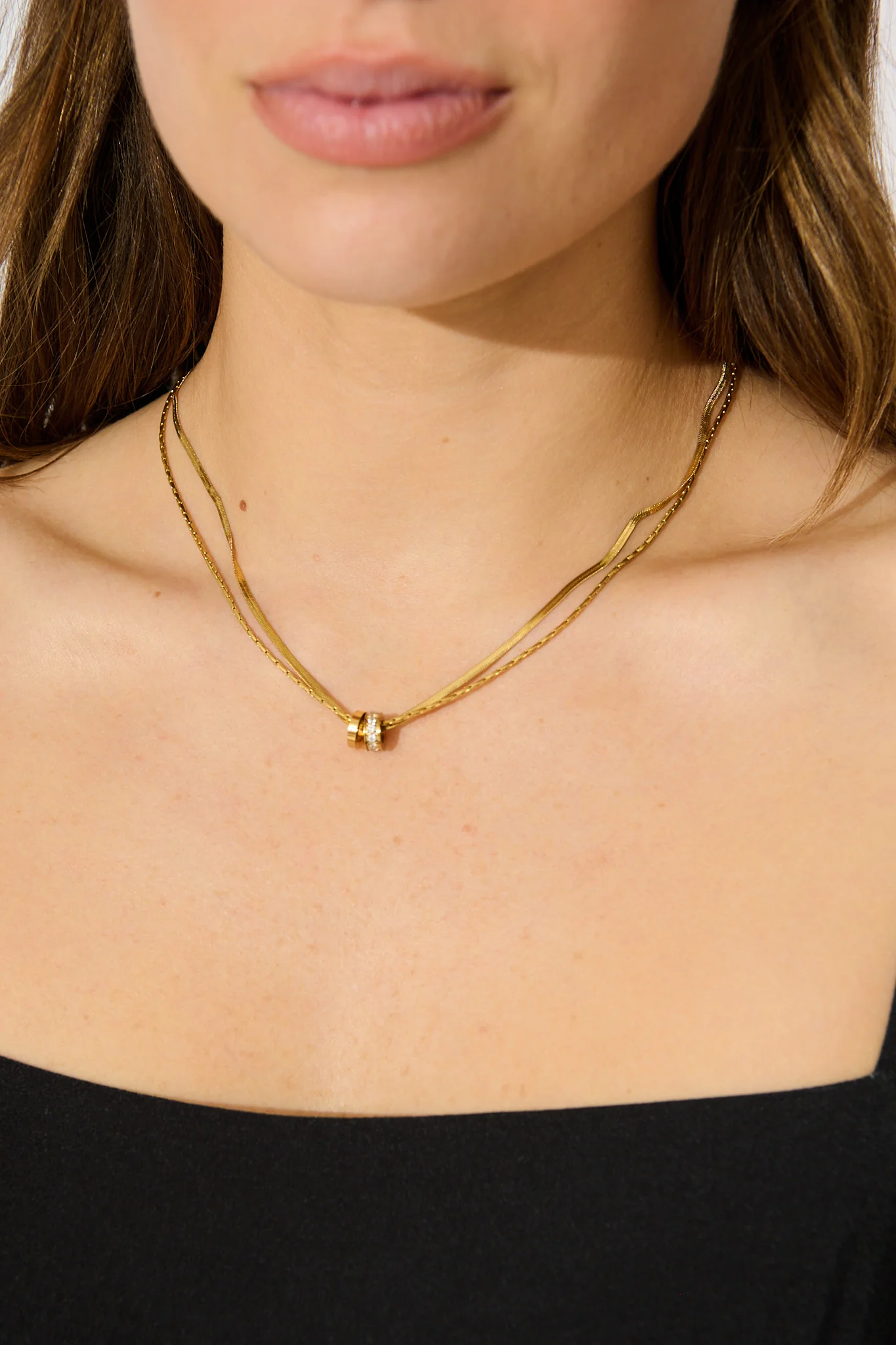 Maya Double Chain Pendant Necklace in Gold with Diamante - Image 4
