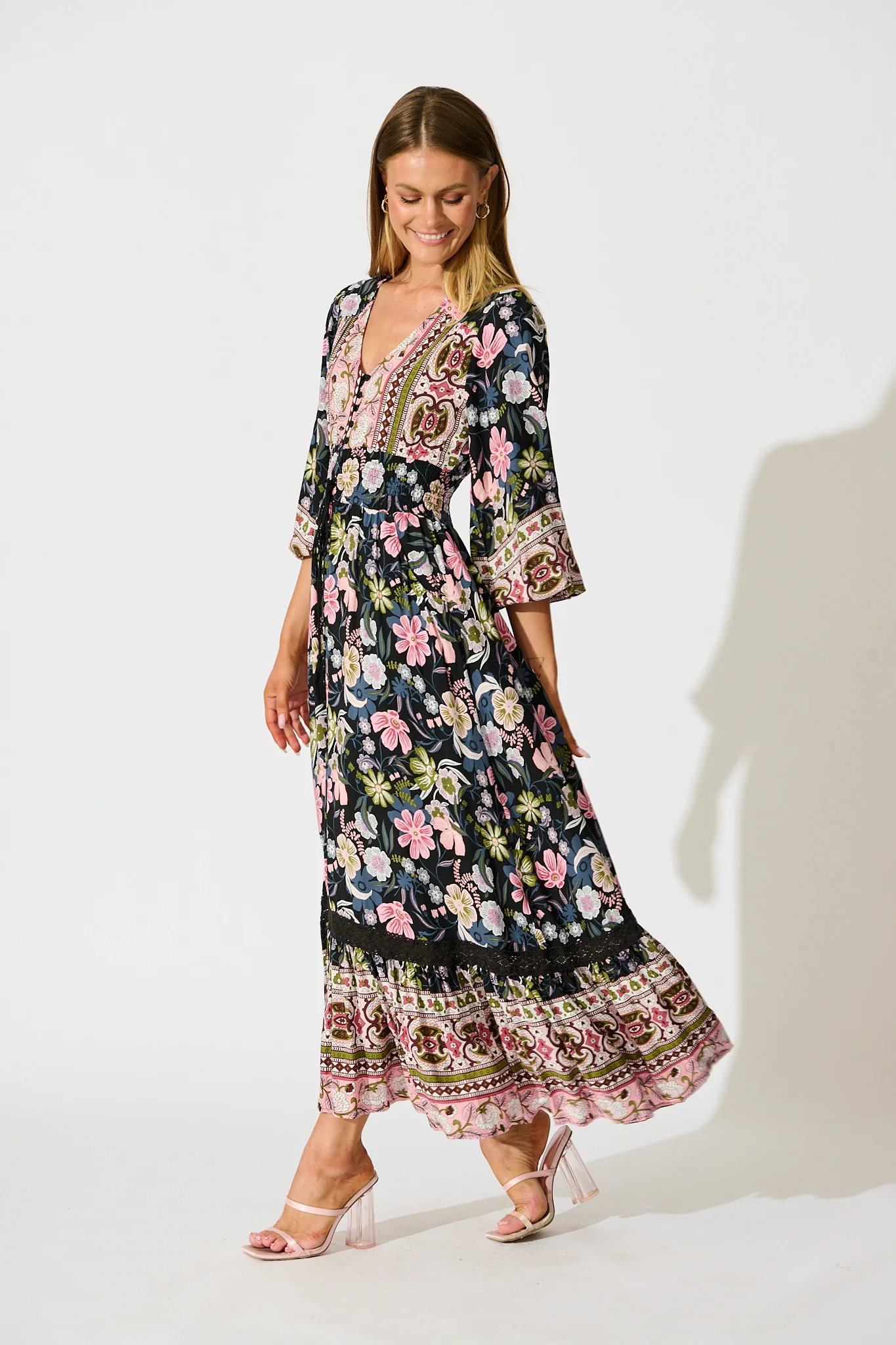Mayda Maxi Dress in Black with Pink Boho Floral - Image 3