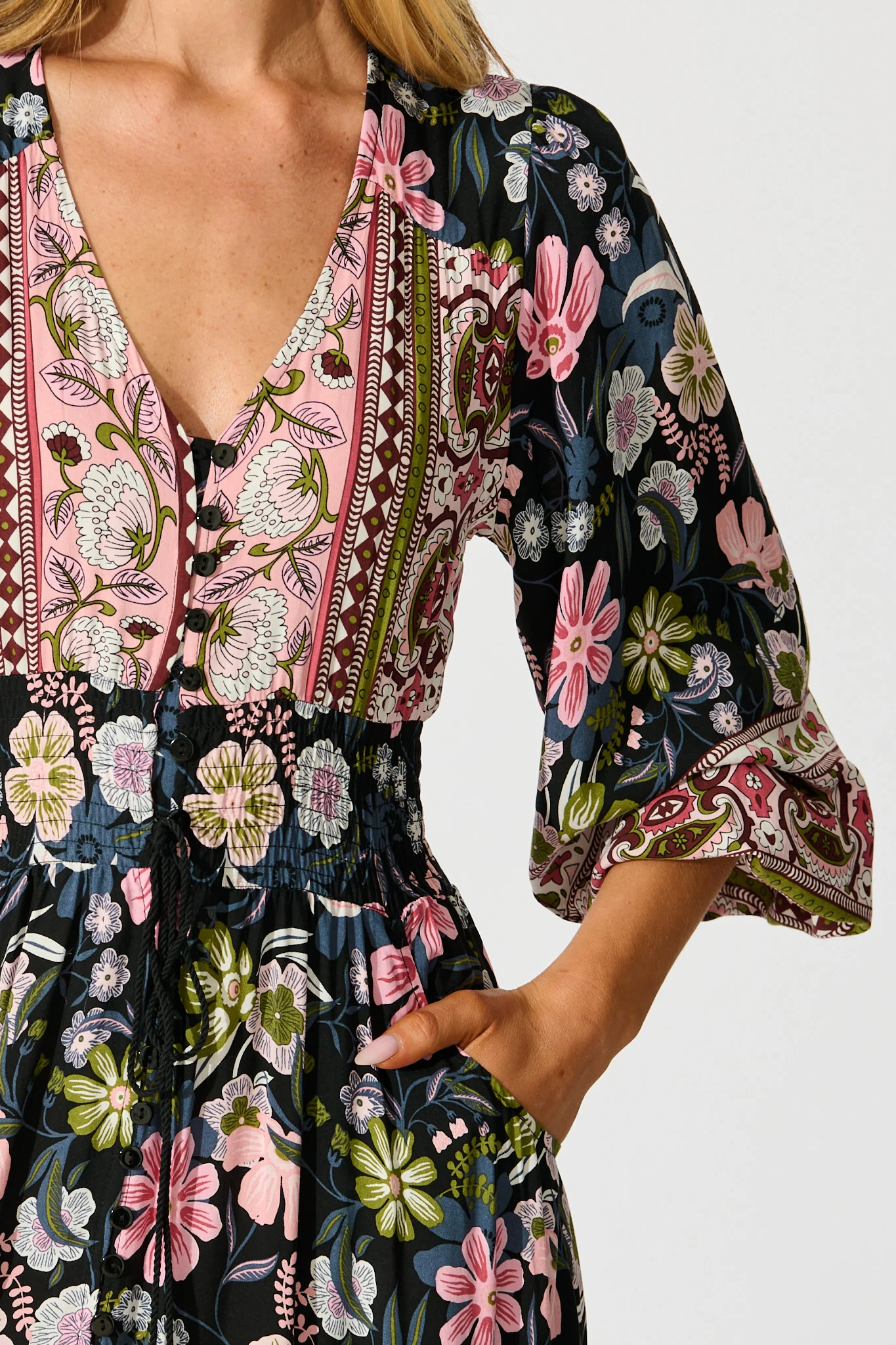 Mayda Maxi Dress in Black with Pink Boho Floral - Image 5