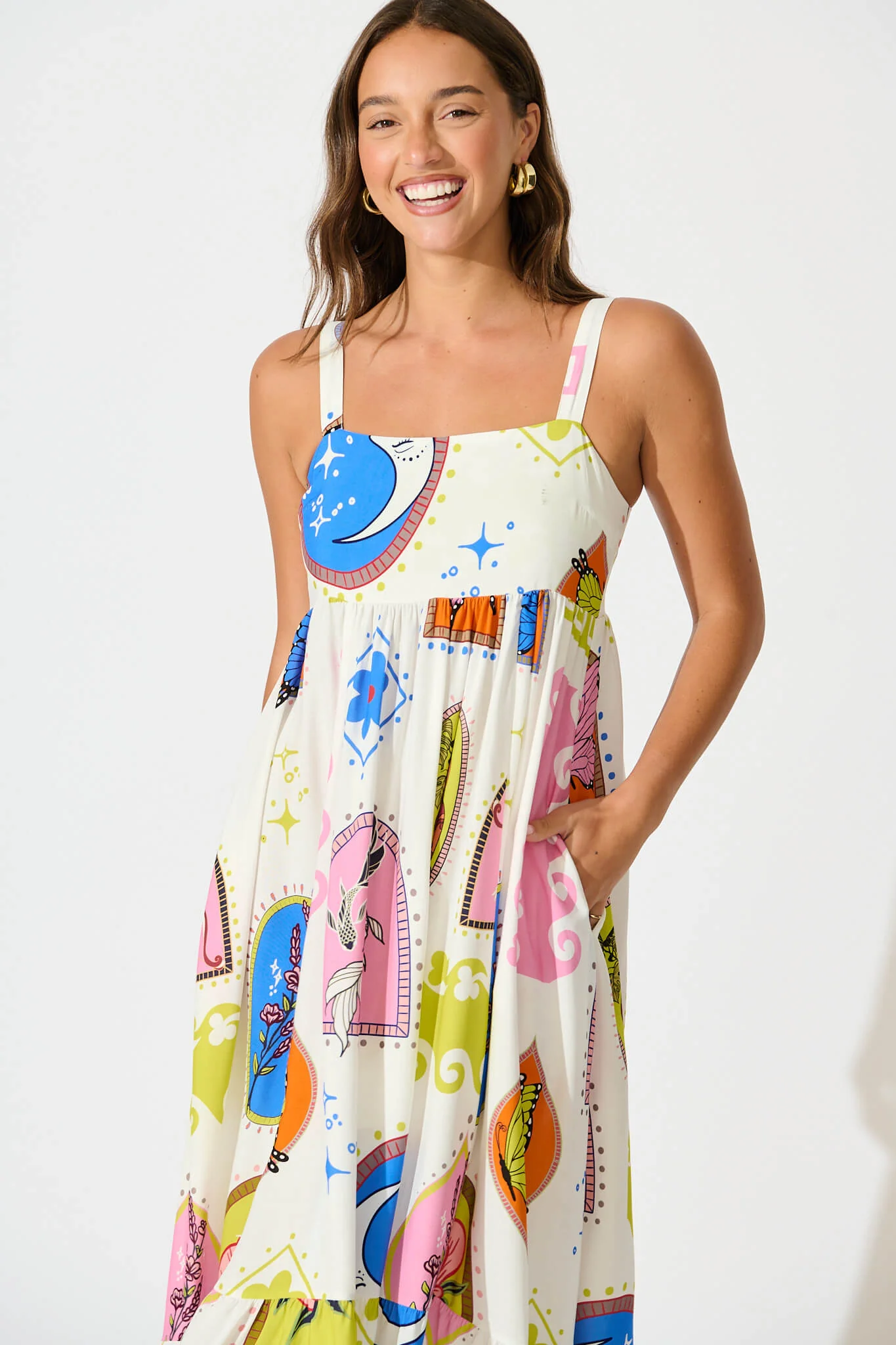 Mayview Midi Dress In White With Bright Print - Image 2