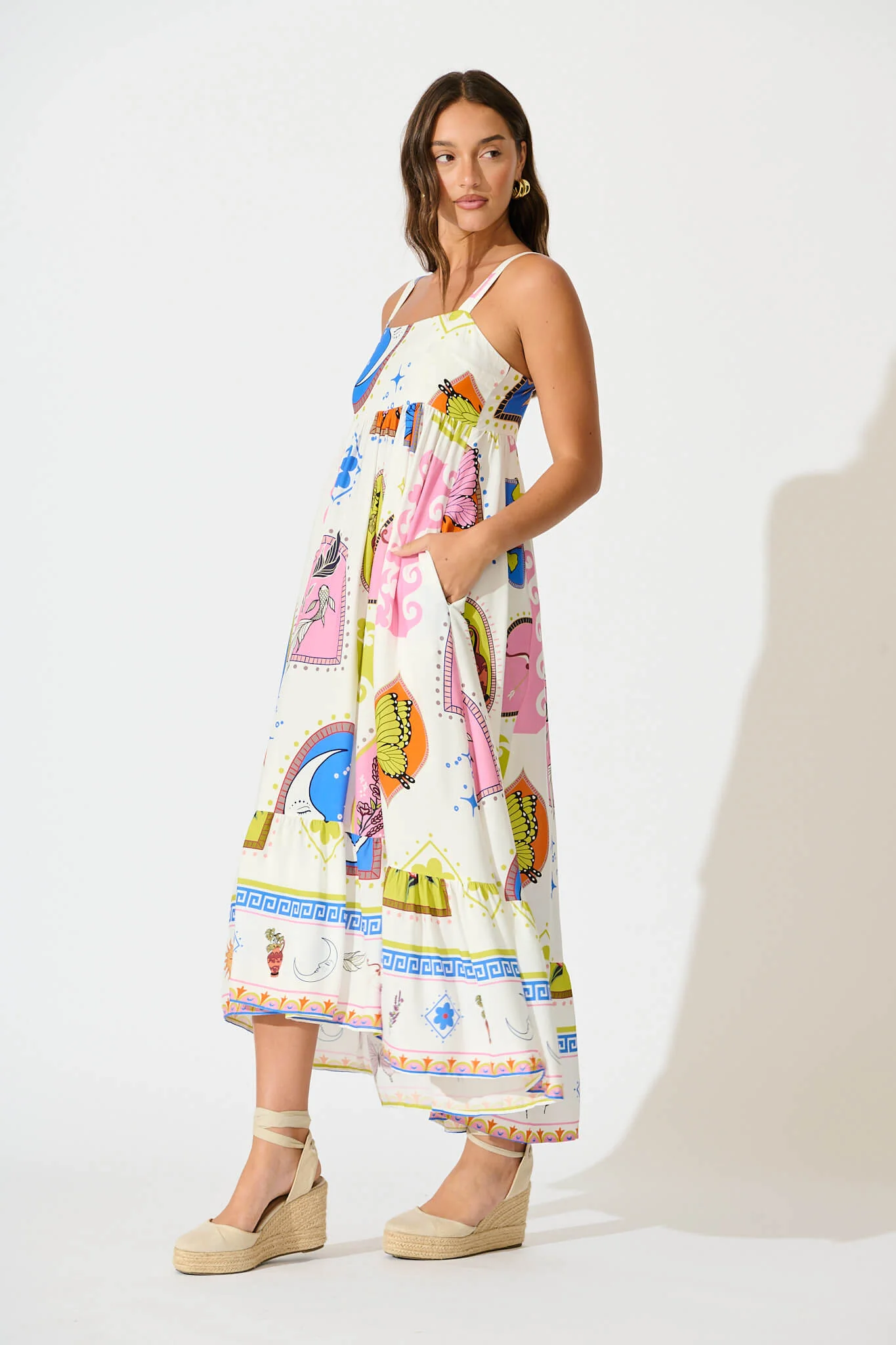 Mayview Midi Dress In White With Bright Print - Image 4