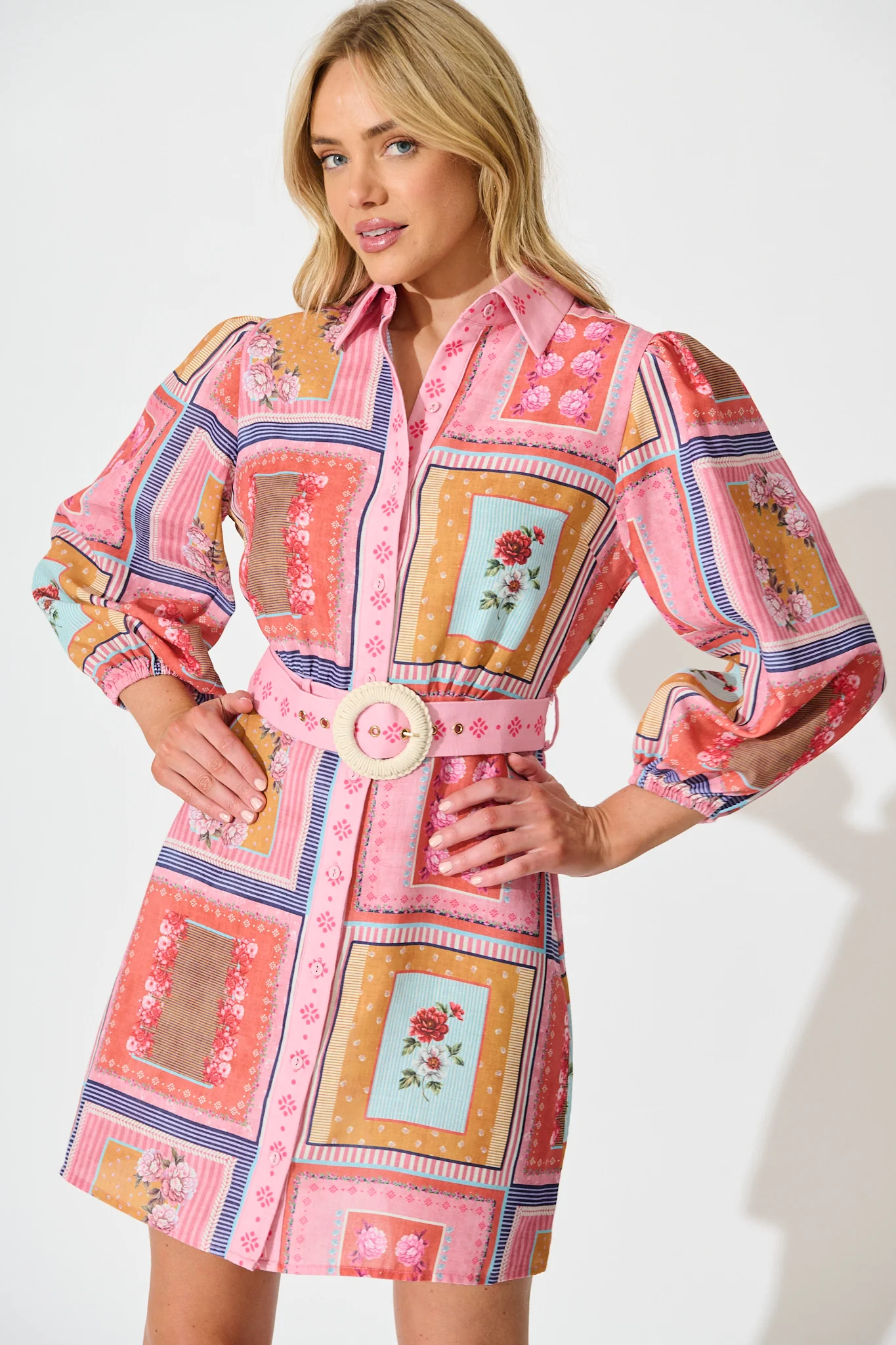 Meadow Muse Shirt Dress in Pink Multi Floral Tile Print - Image 2