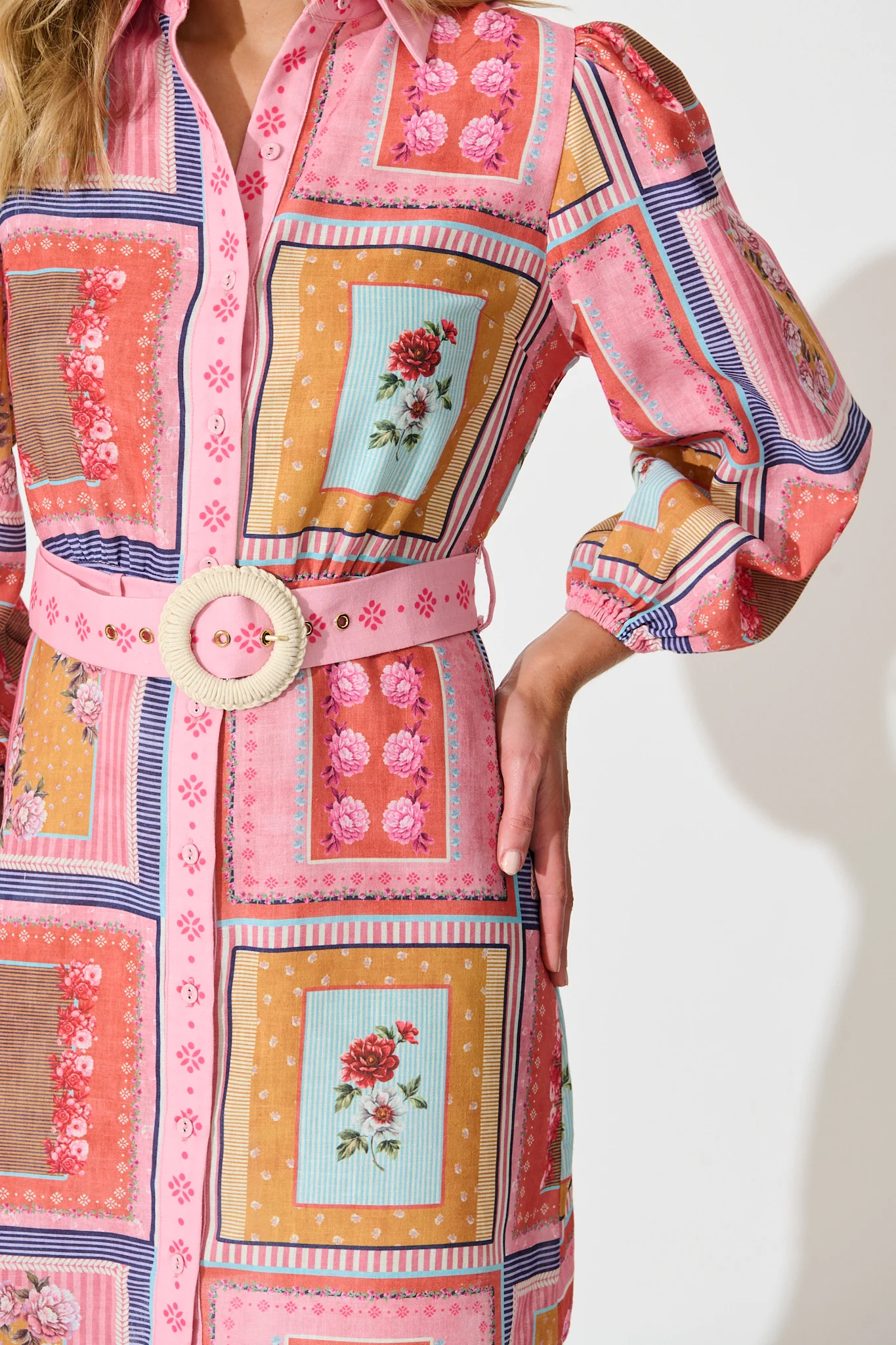Meadow Muse Shirt Dress in Pink Multi Floral Tile Print - Image 5