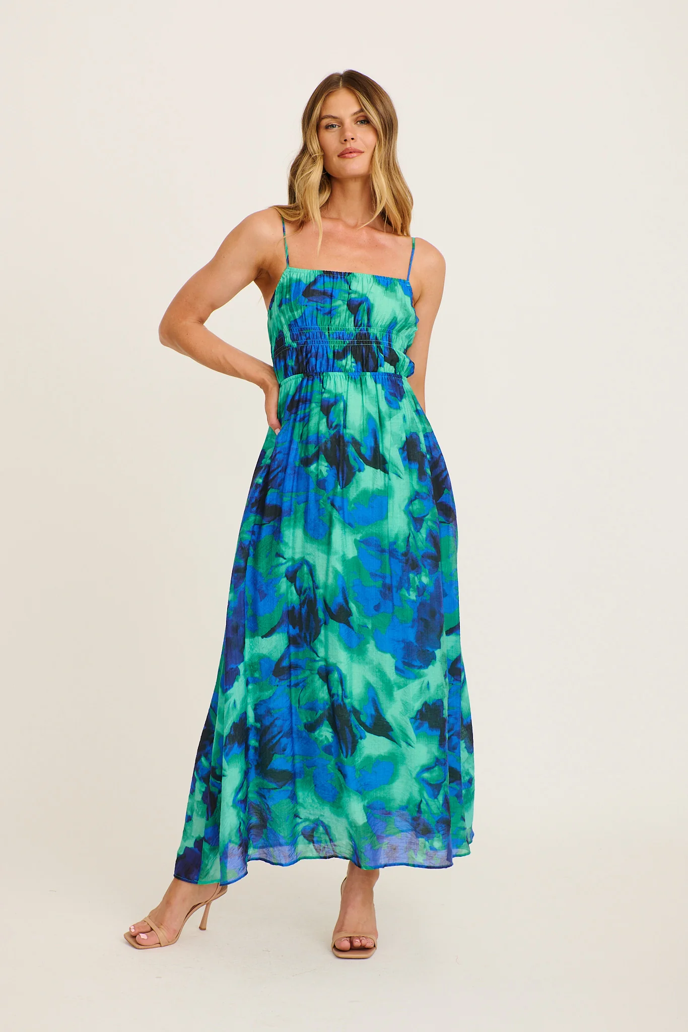 Meadow Sung Maxi Sundress in Blue and Green Watercolour Print - Image 2