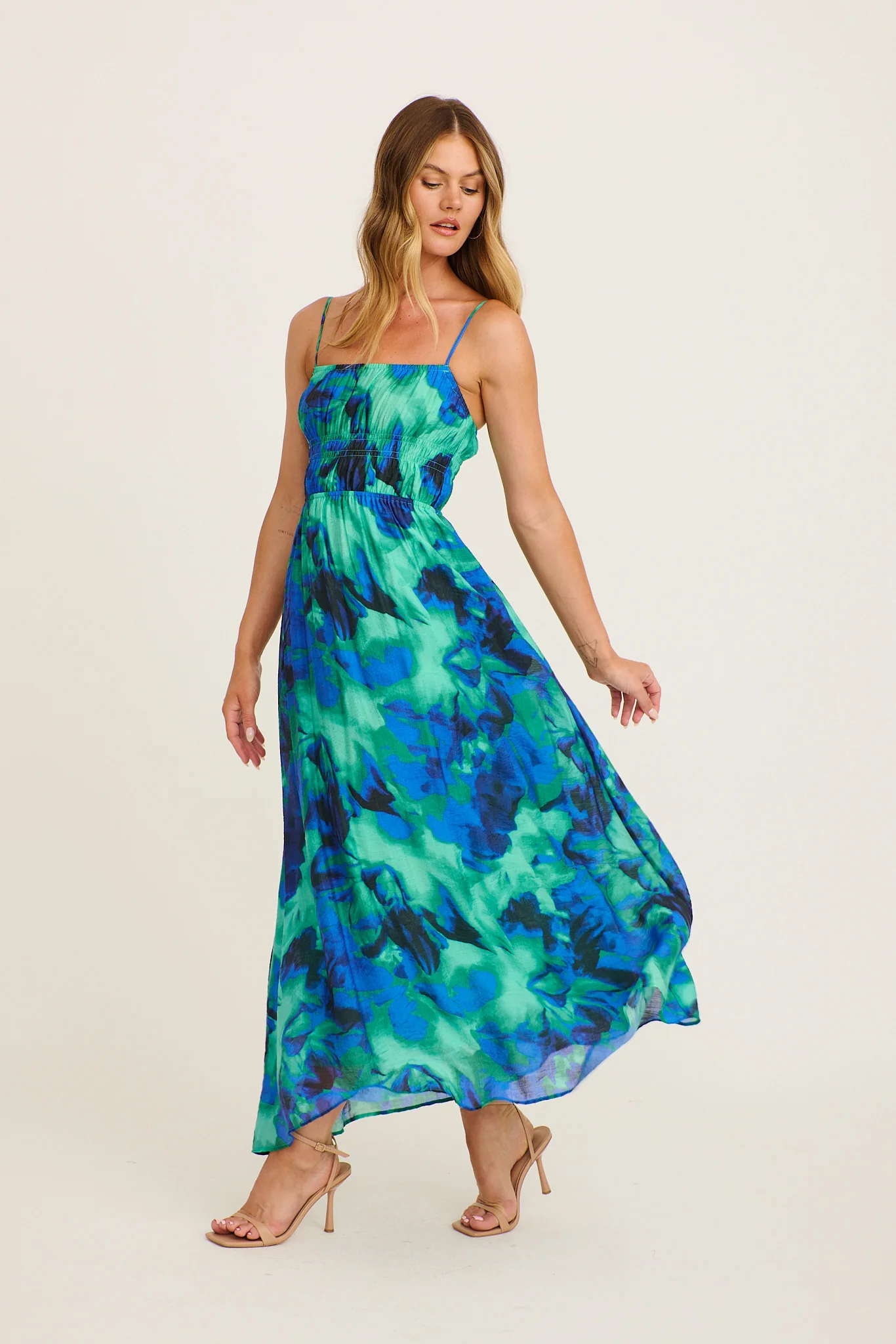 Meadow Sung Maxi Sundress in Blue and Green Watercolour Print - Image 4