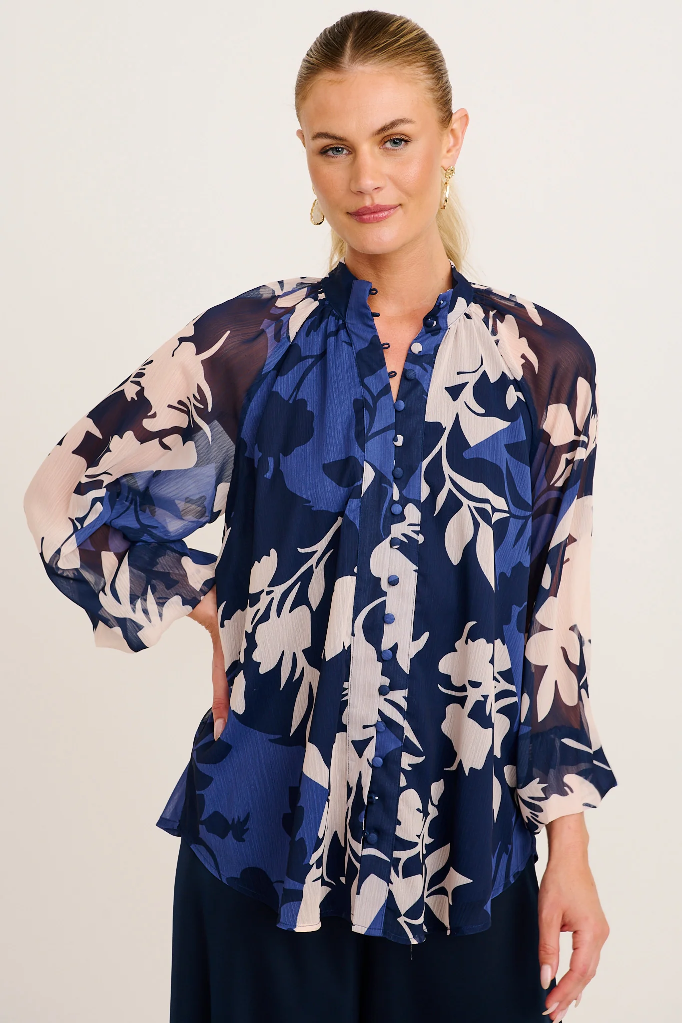 Melina Top in Navy and Blue Floral Chiffon