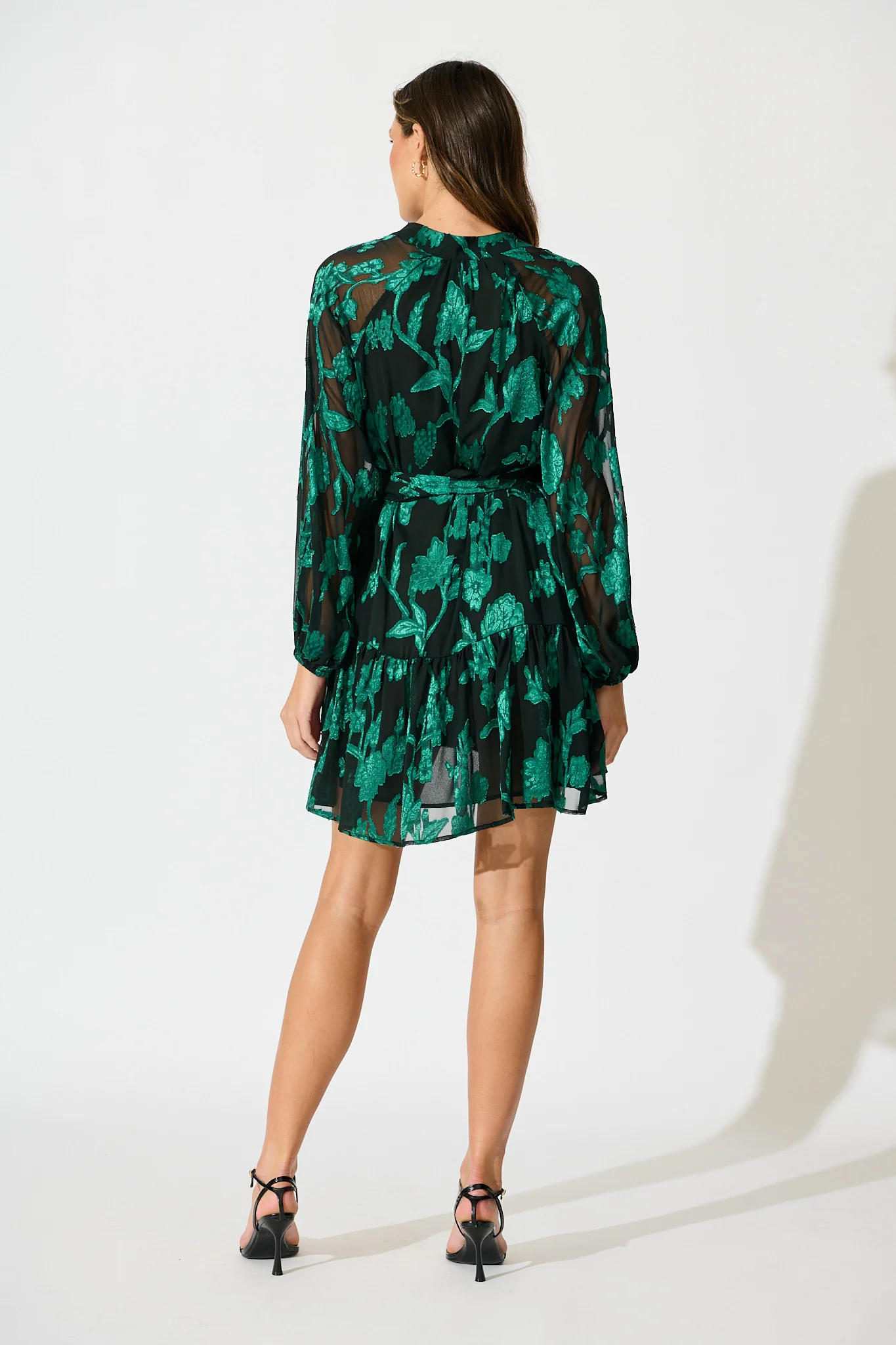 Melinda Dress in Black with Emerald Floral Burnout Chiffon - Image 4