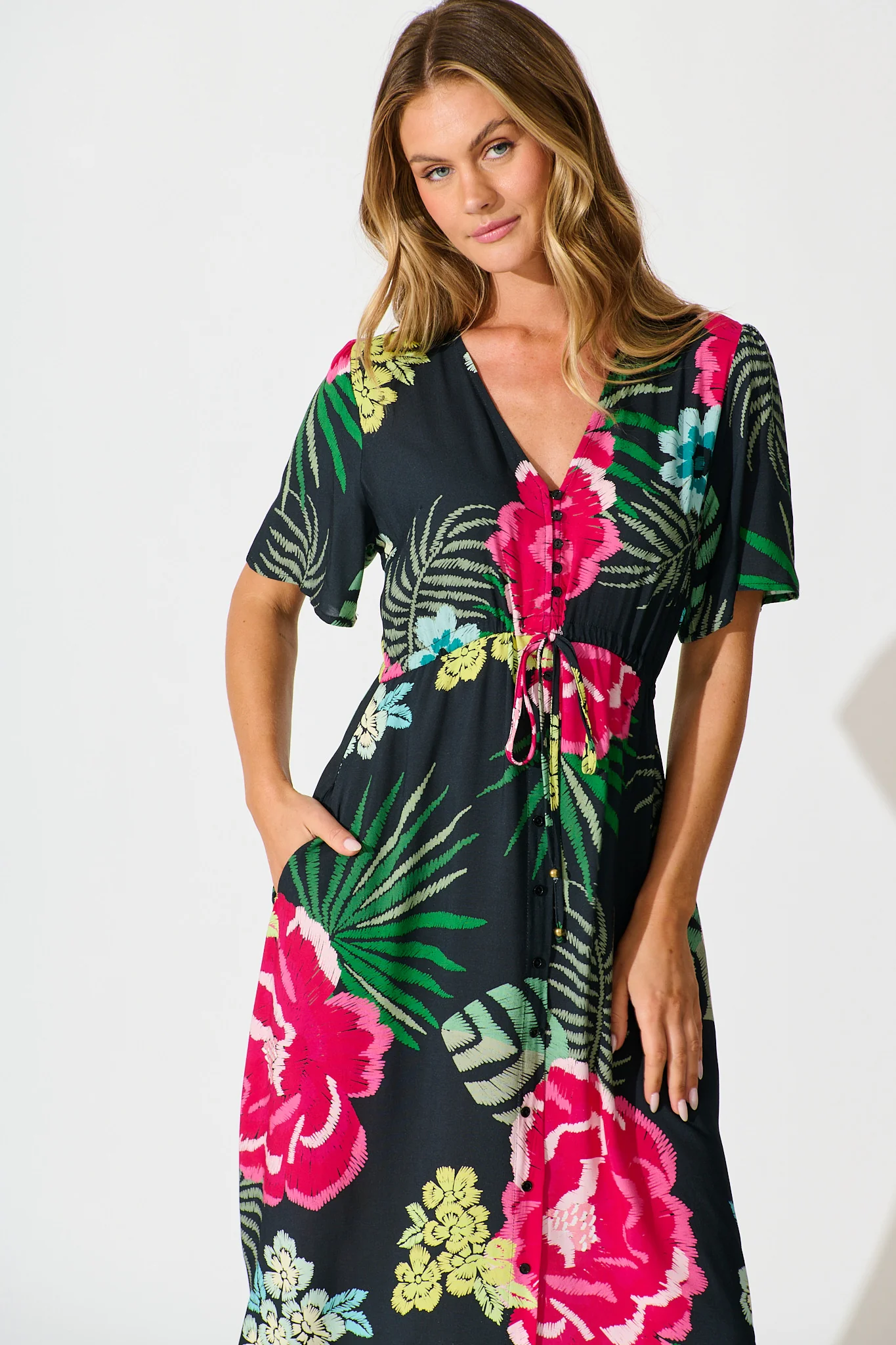 Melody Midi Dress In Black with Pink Floral - Image 2