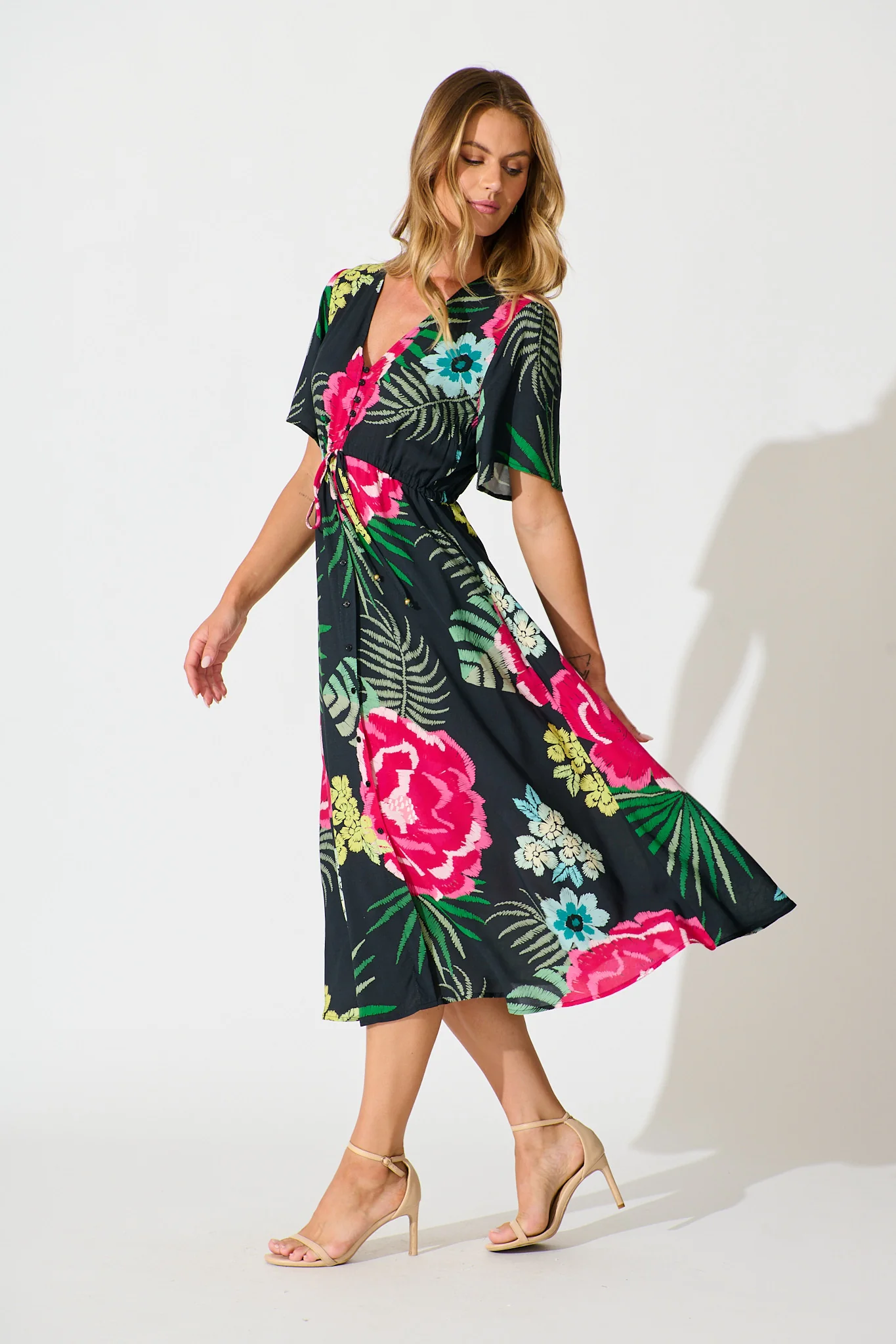 Melody Midi Dress In Black with Pink Floral - Image 3