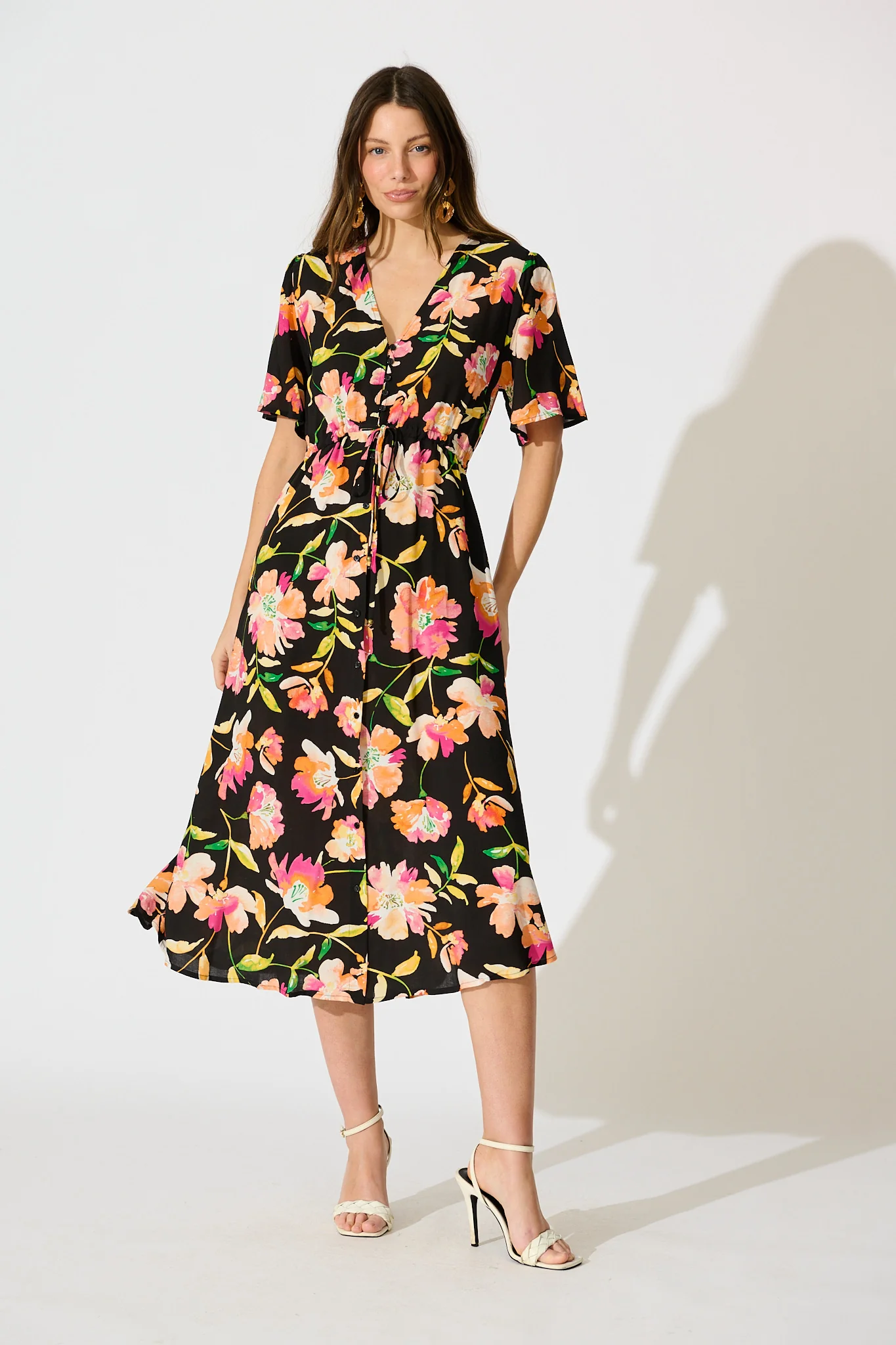Melody Midi Dress in Black with Tangerine Floral