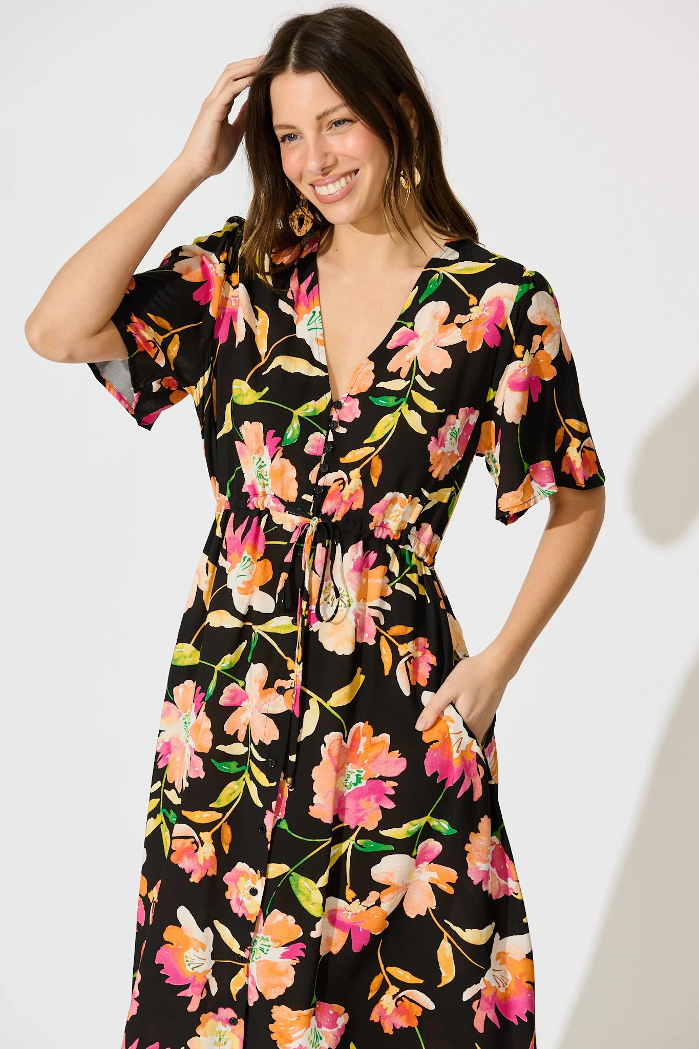 Melody Midi Dress in Black with Tangerine Floral - Image 2