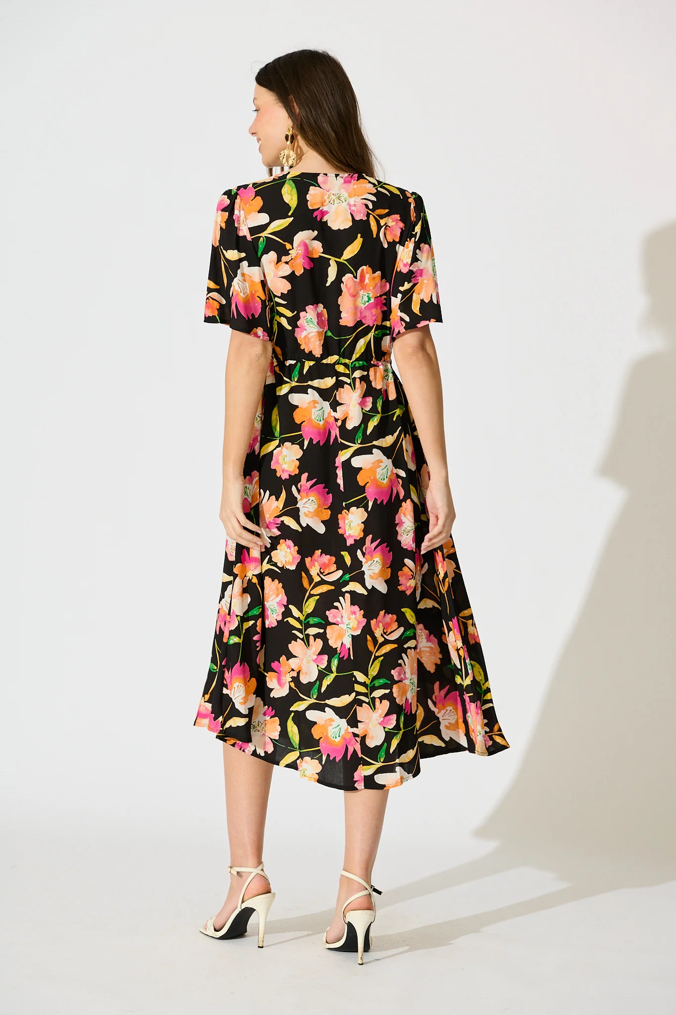 Melody Midi Dress in Black with Tangerine Floral - Image 4