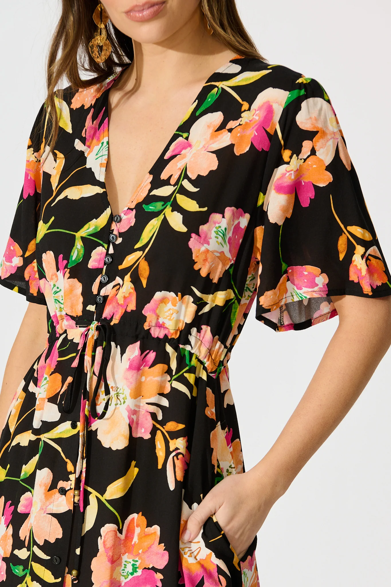 Melody Midi Dress in Black with Tangerine Floral - Image 5