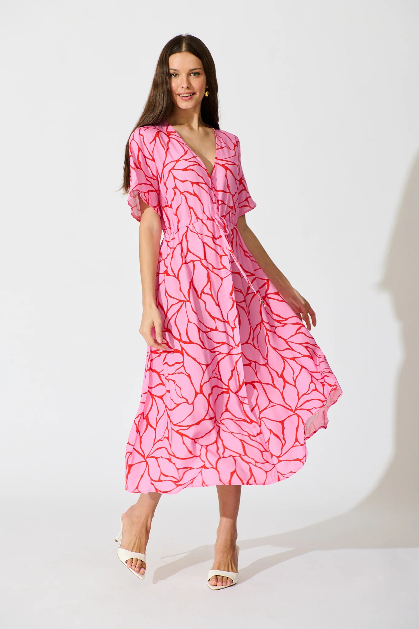 Melody Midi Dress in in Pink Geometric Print