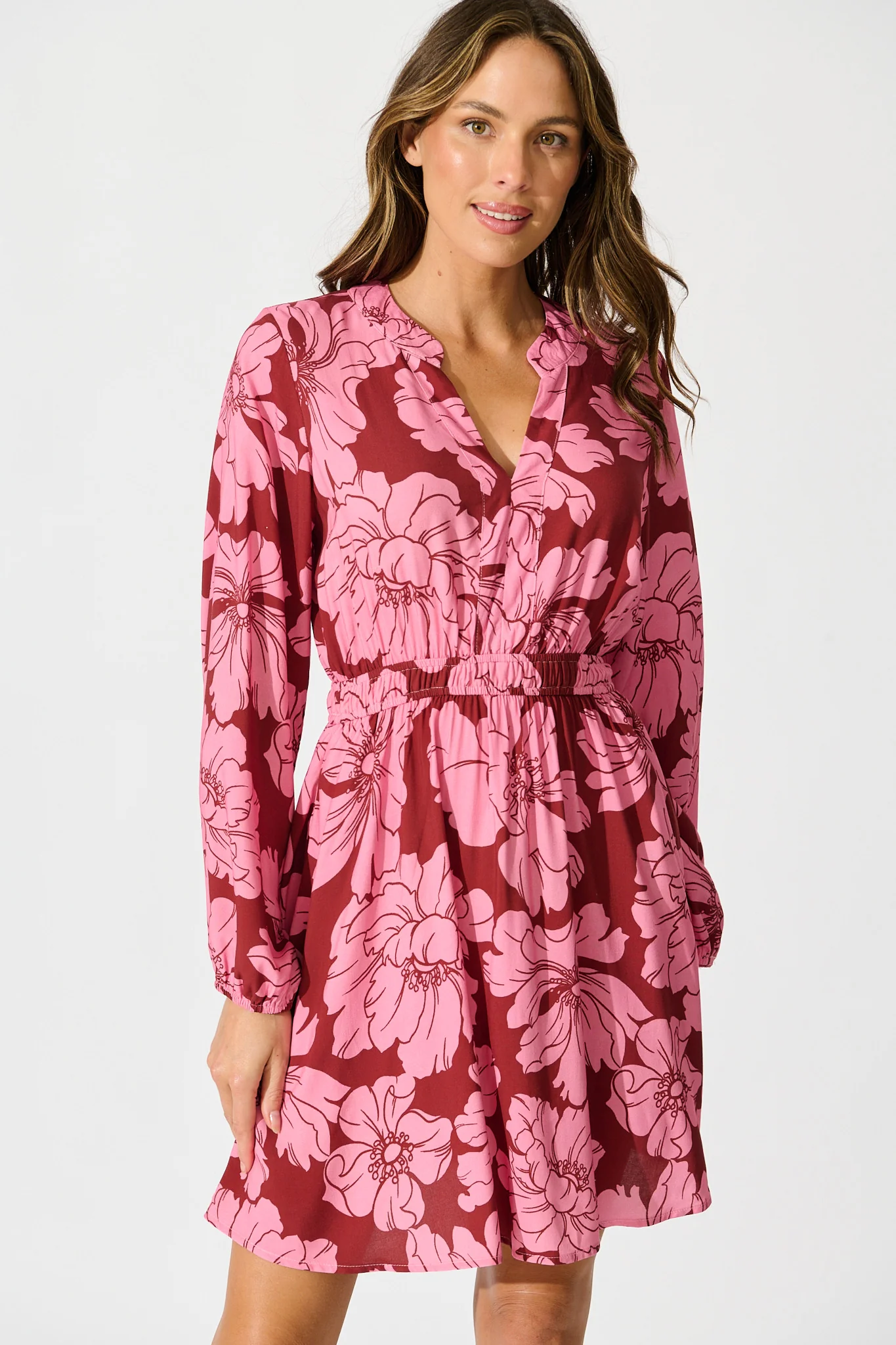 Memoir Dress in Wine with Pink Floral - Image 5