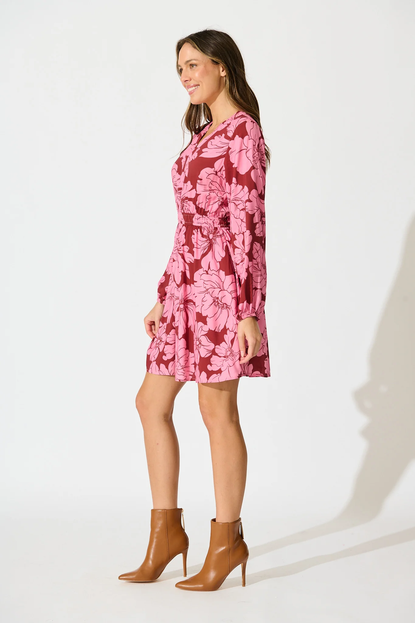 Memoir Dress in Wine with Pink Floral - Image 6