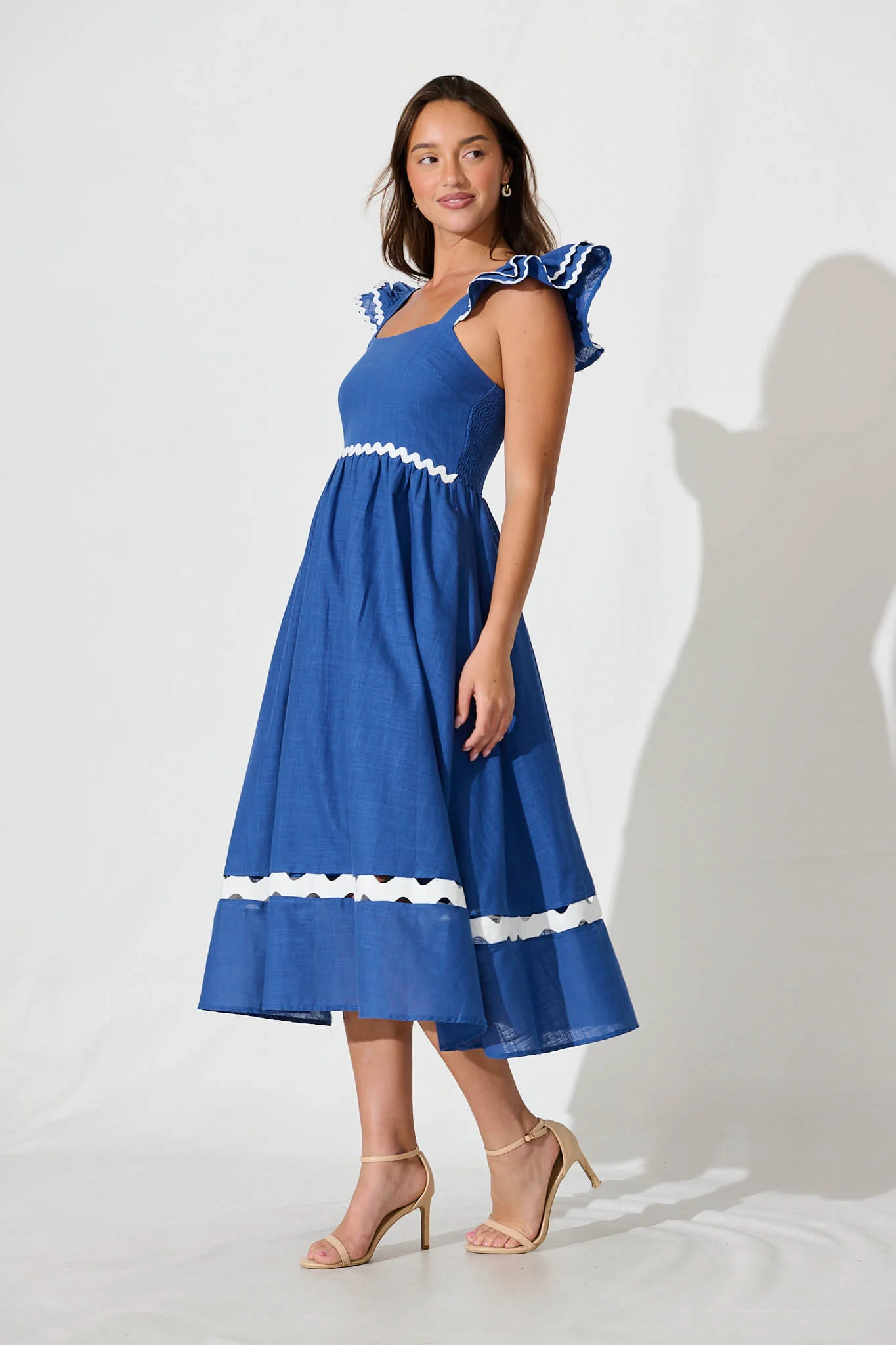 Miami Midi Dress In Blue With White Ric Rac Cotton - Image 3
