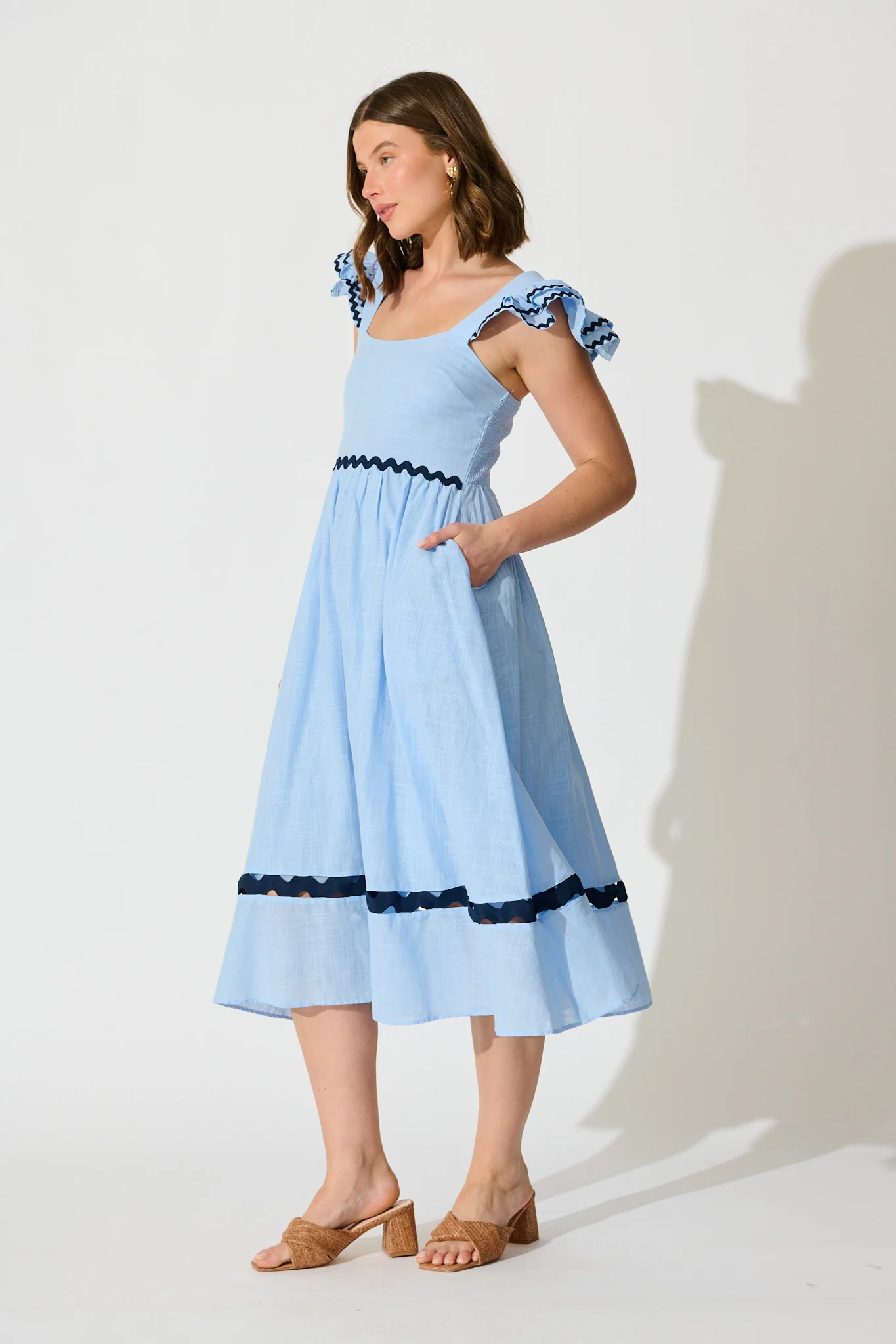 Miami Midi Dress In Pale Blue With Navy Ric Rac Cotton - Image 3