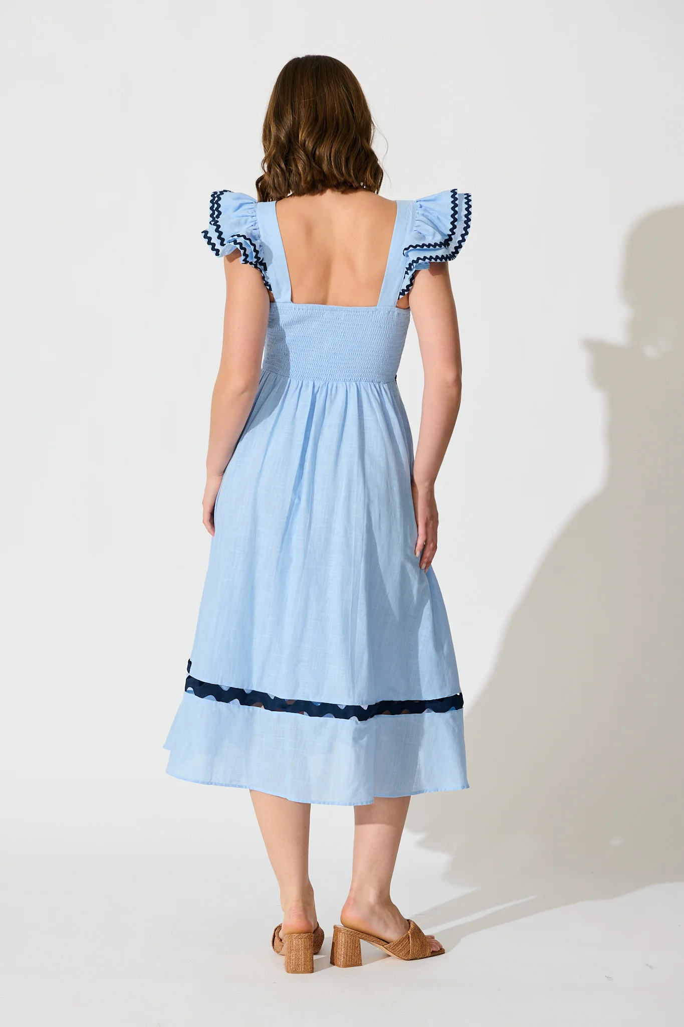 Miami Midi Dress In Pale Blue With Navy Ric Rac Cotton - Image 4