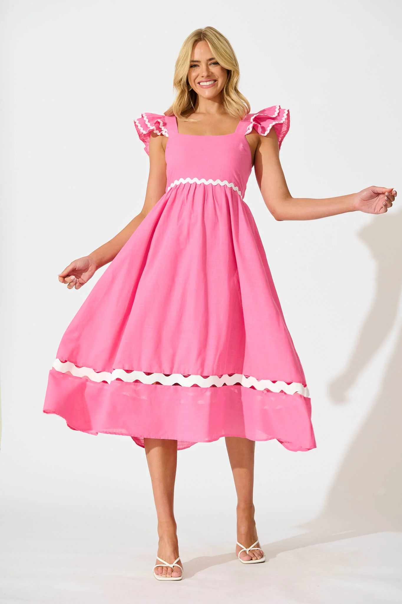 Miami Midi Dress In Pink With White Ric Rac Cotton