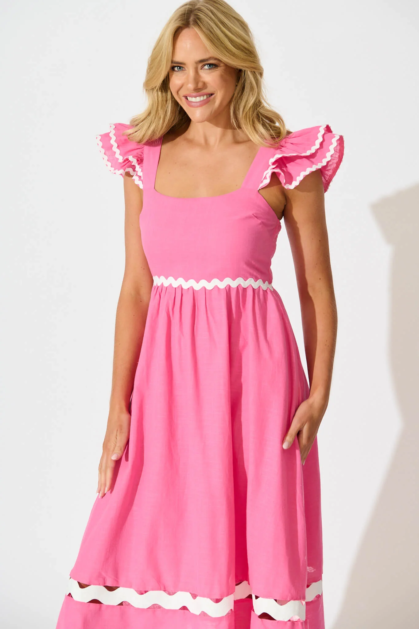 Miami Midi Dress In Pink With White Ric Rac Cotton - Image 2