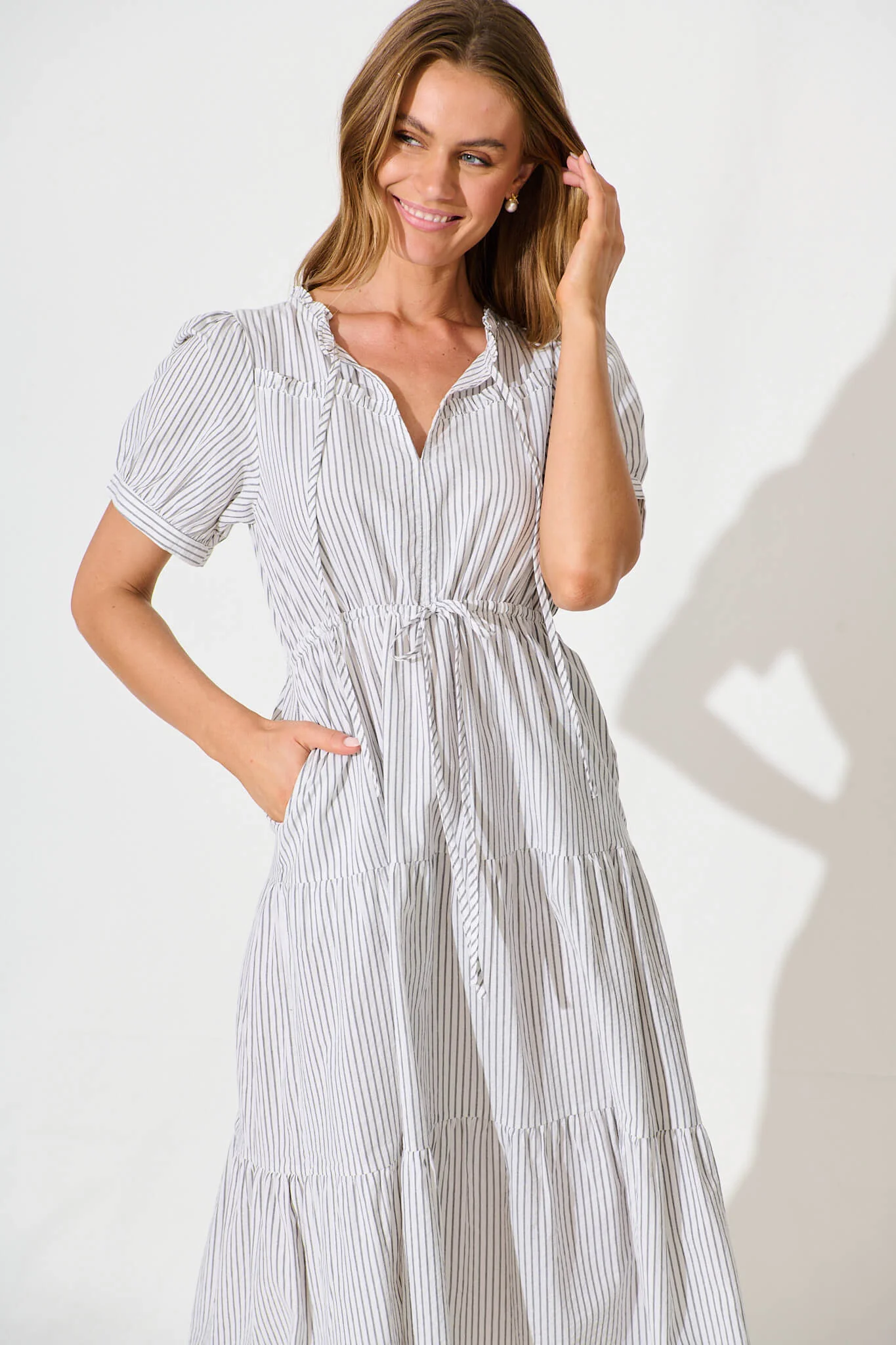 Micah Midi Dress in Black and White Stripe Cotton Blend - Image 2