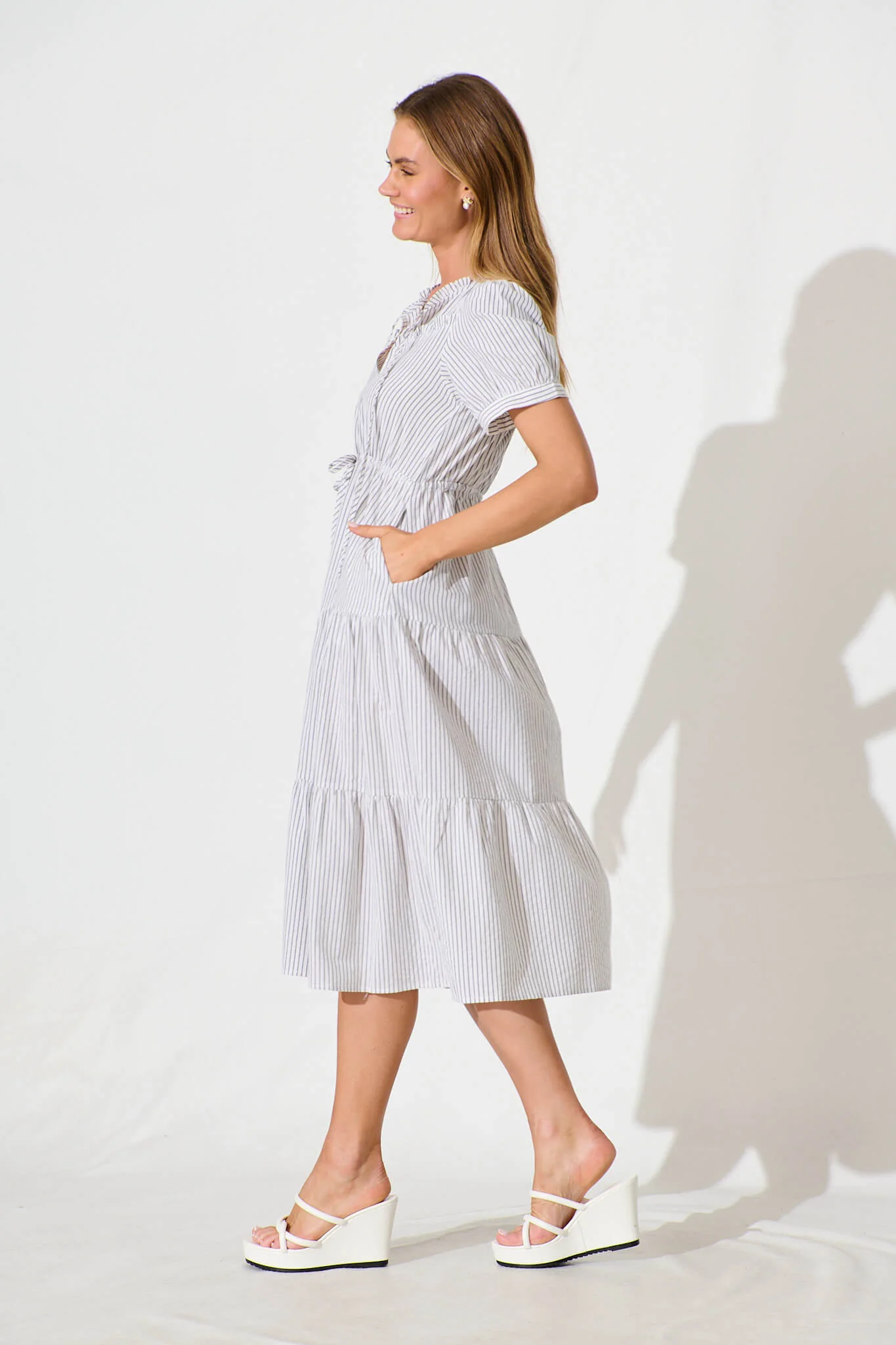 Micah Midi Dress in Black and White Stripe Cotton Blend - Image 3