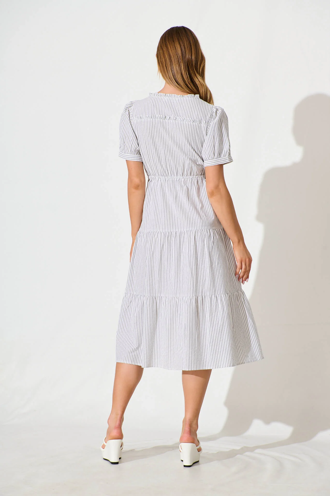 Micah Midi Dress in Black and White Stripe Cotton Blend - Image 4