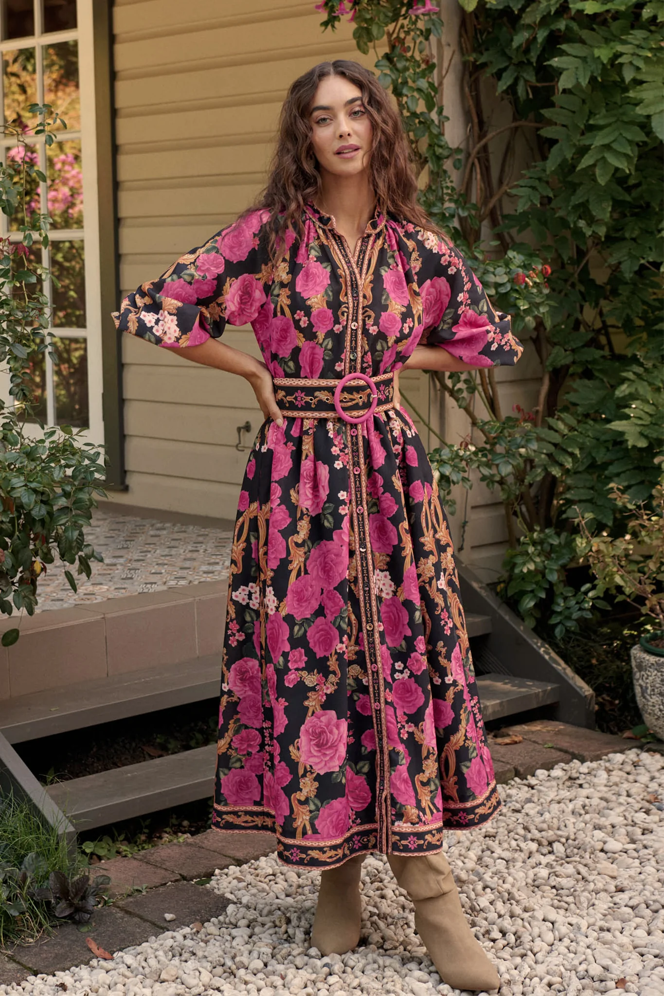 Midnight Blooms Maxi Dress in Black with Pink Floral Linen Blend