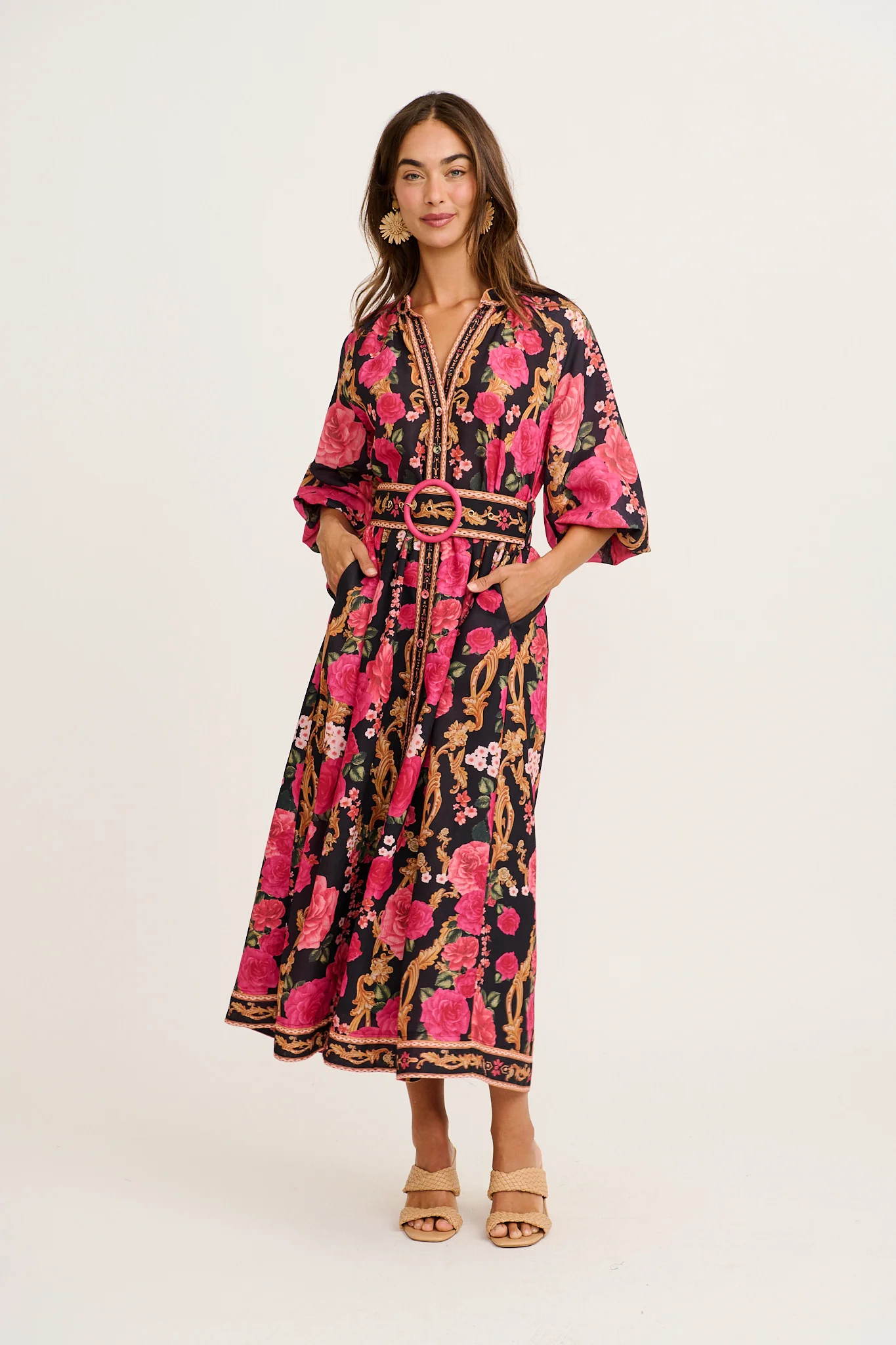 Midnight Blooms Maxi Dress in Black with Pink Floral Linen Blend - Image 3