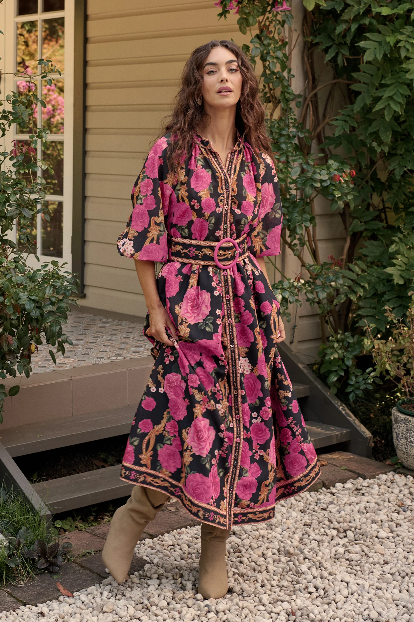 Midnight Blooms Maxi Dress in Black with Pink Floral Linen Blend - Image 5