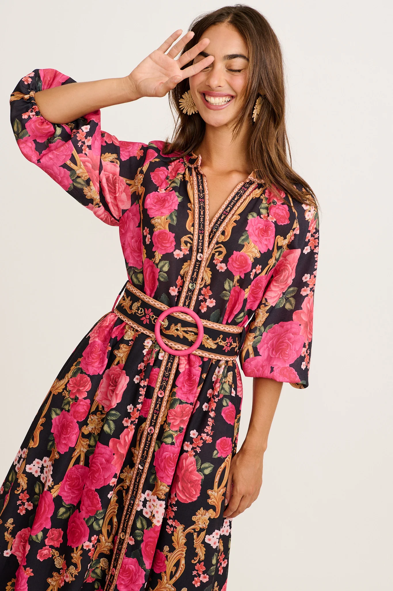 Midnight Blooms Maxi Dress in Black with Pink Floral Linen Blend - Image 7