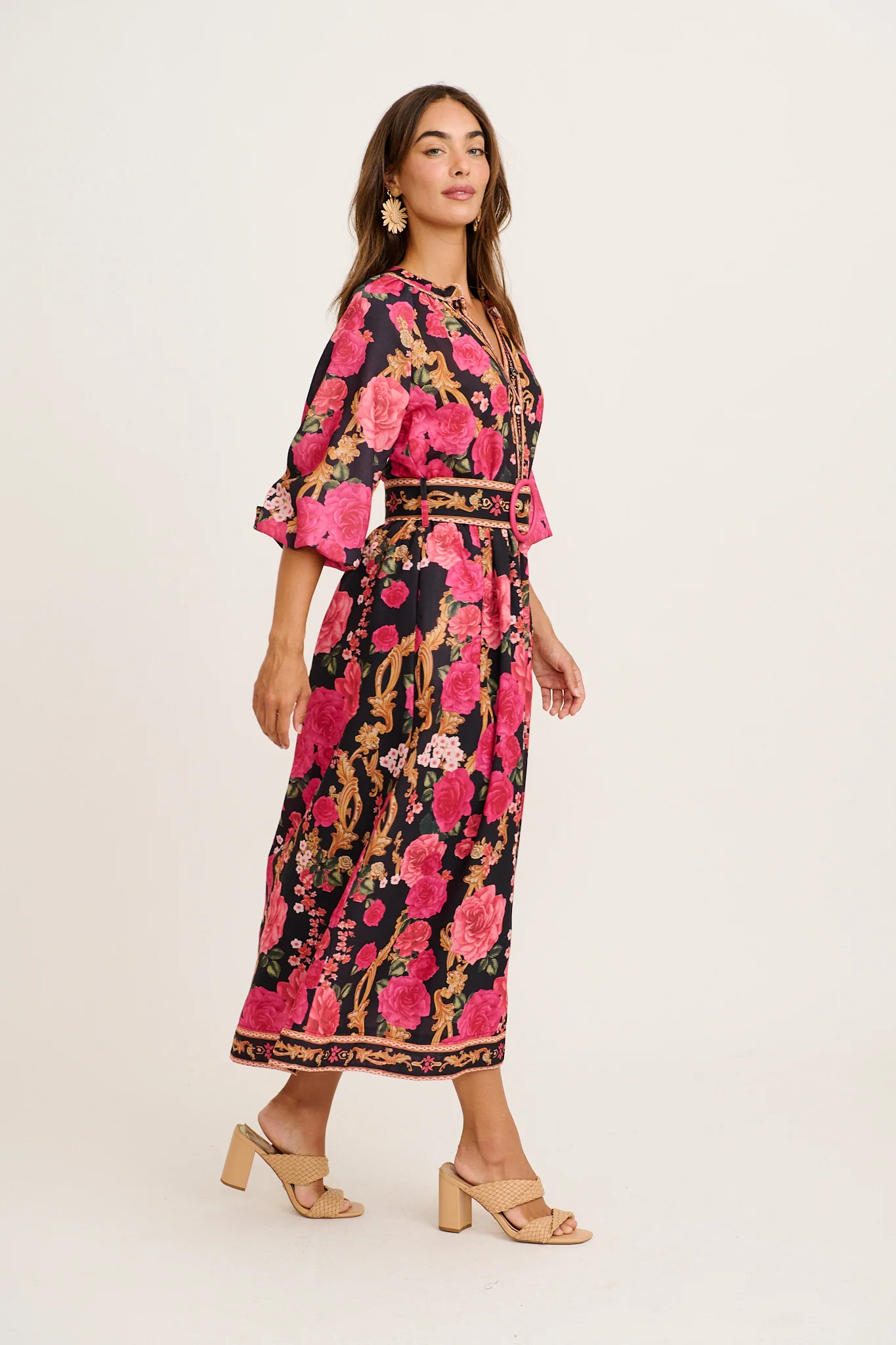 Midnight Blooms Maxi Dress in Black with Pink Floral Linen Blend - Image 8