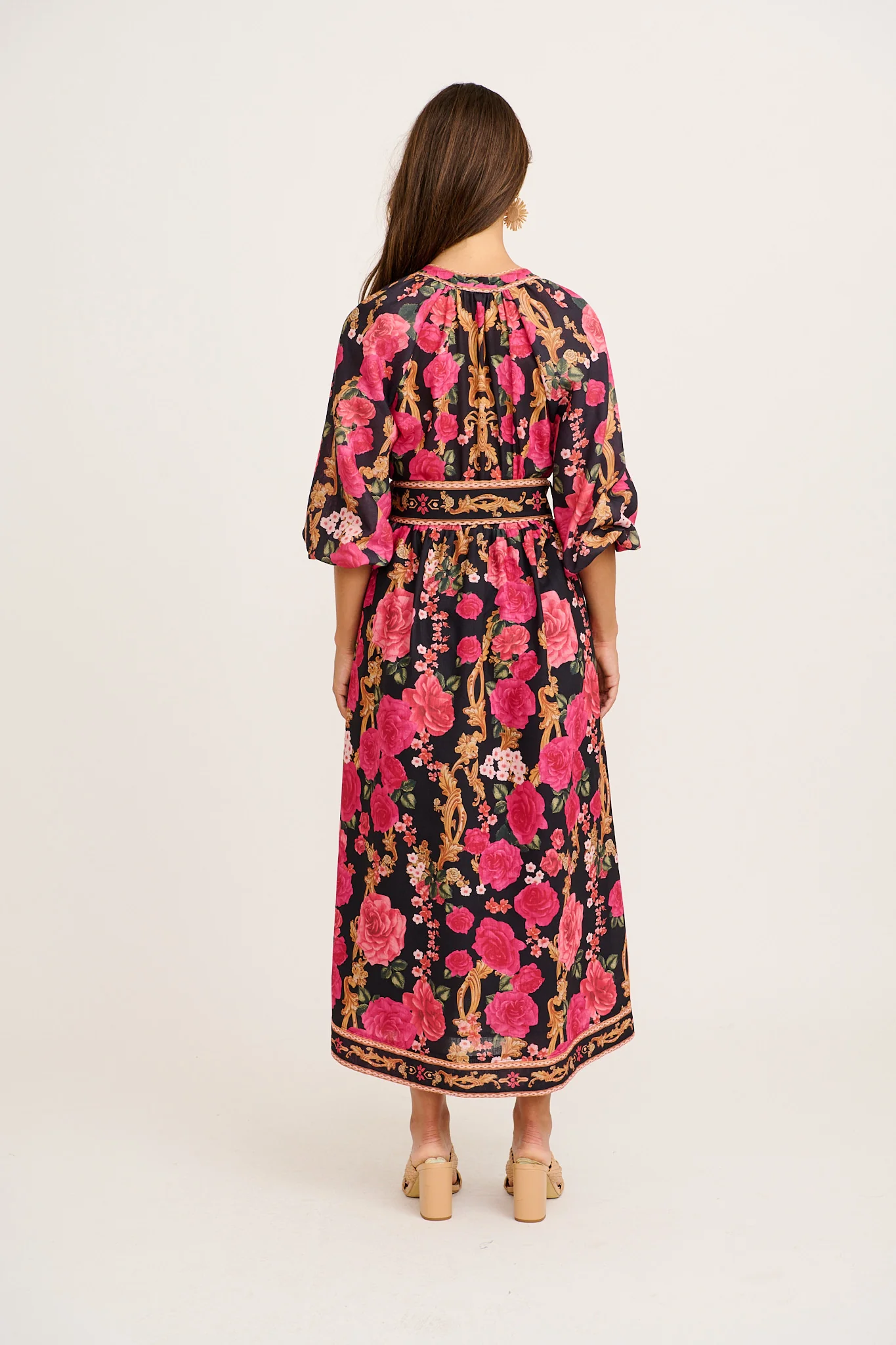 Midnight Blooms Maxi Dress in Black with Pink Floral Linen Blend - Image 9