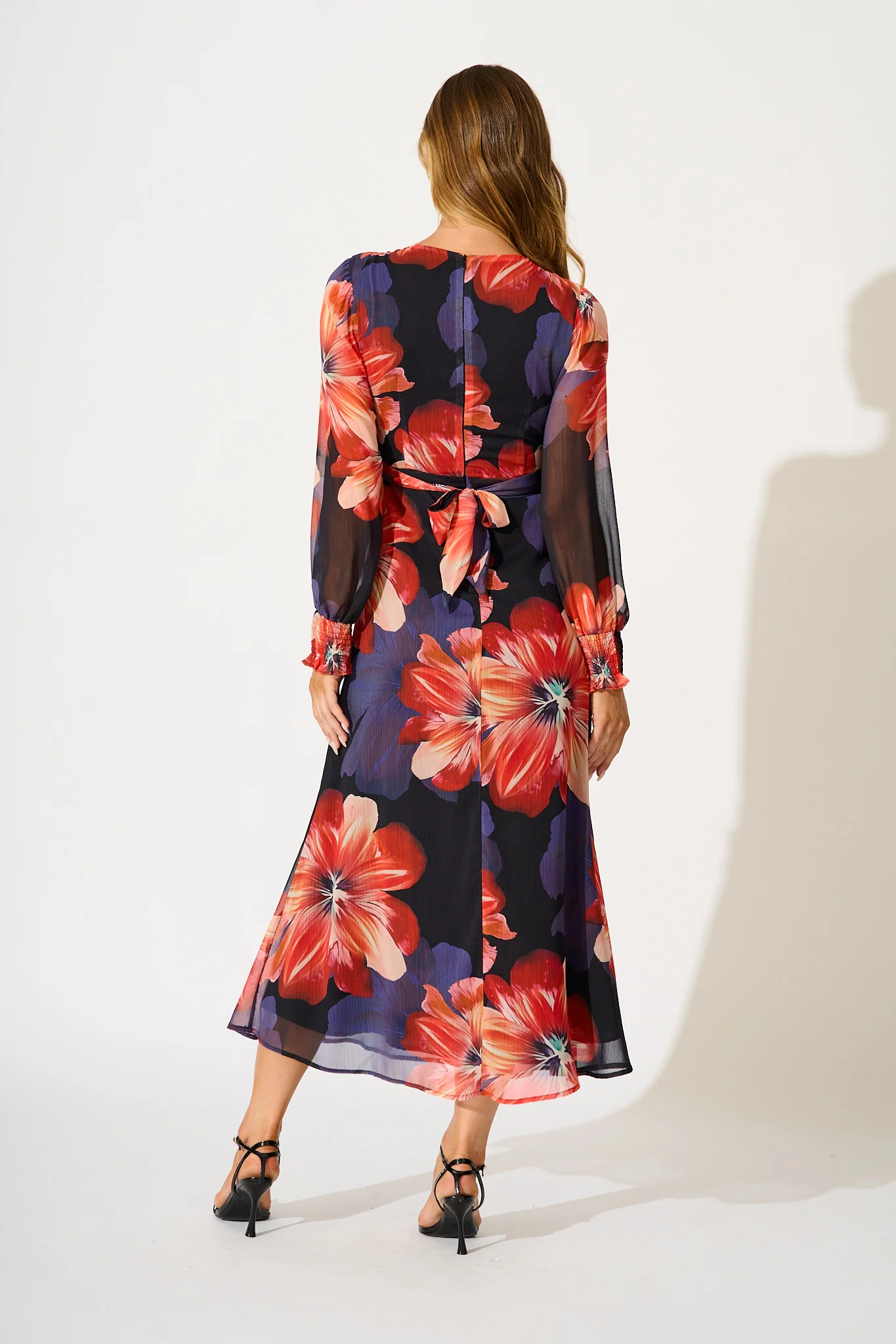 Midnight Magnolia Maxi Dress in Black with Red Floral Chiffon - Image 4