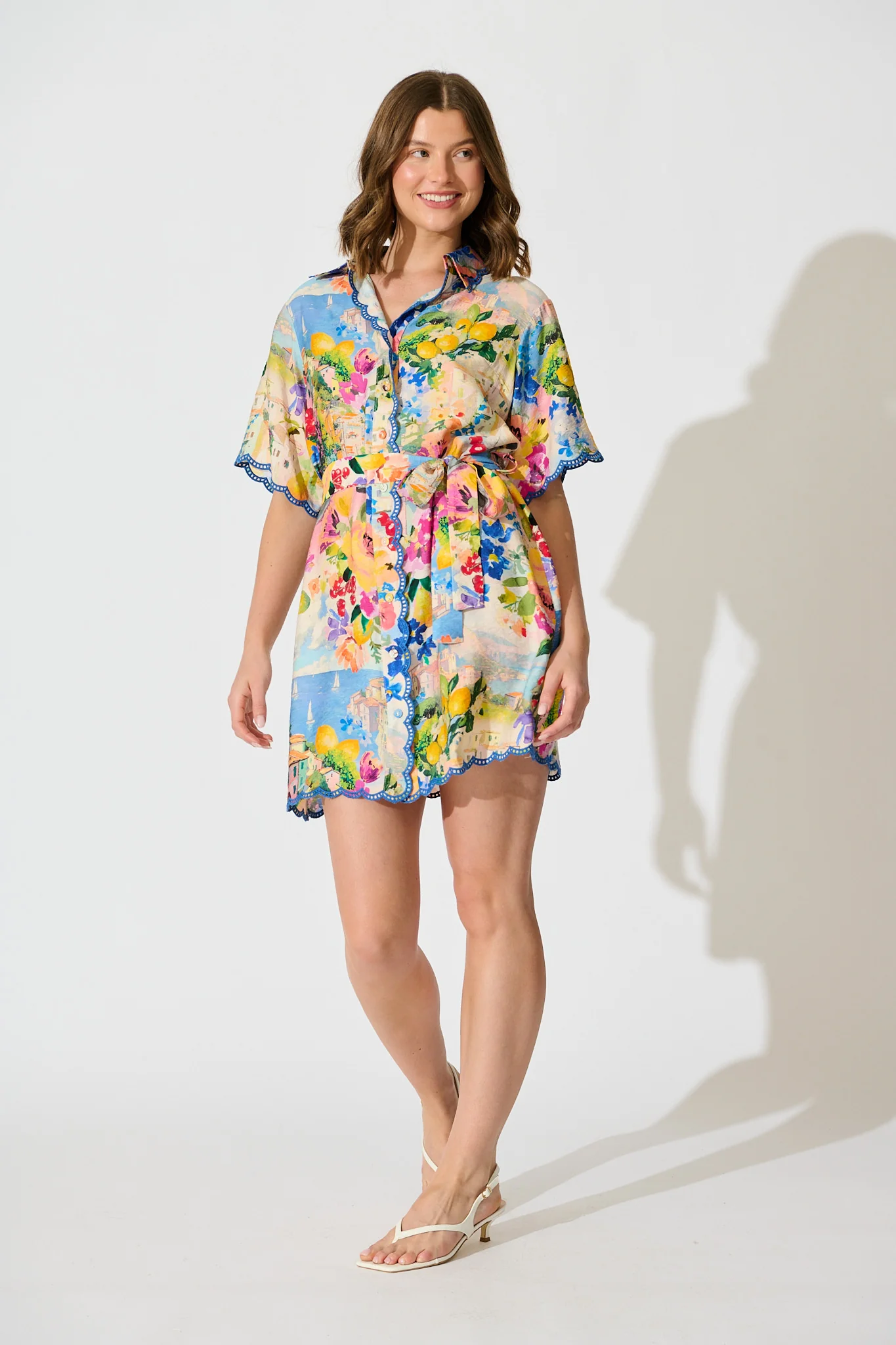 Miela Shirt Dress in Multi Floral with Navy Trim - Image 3