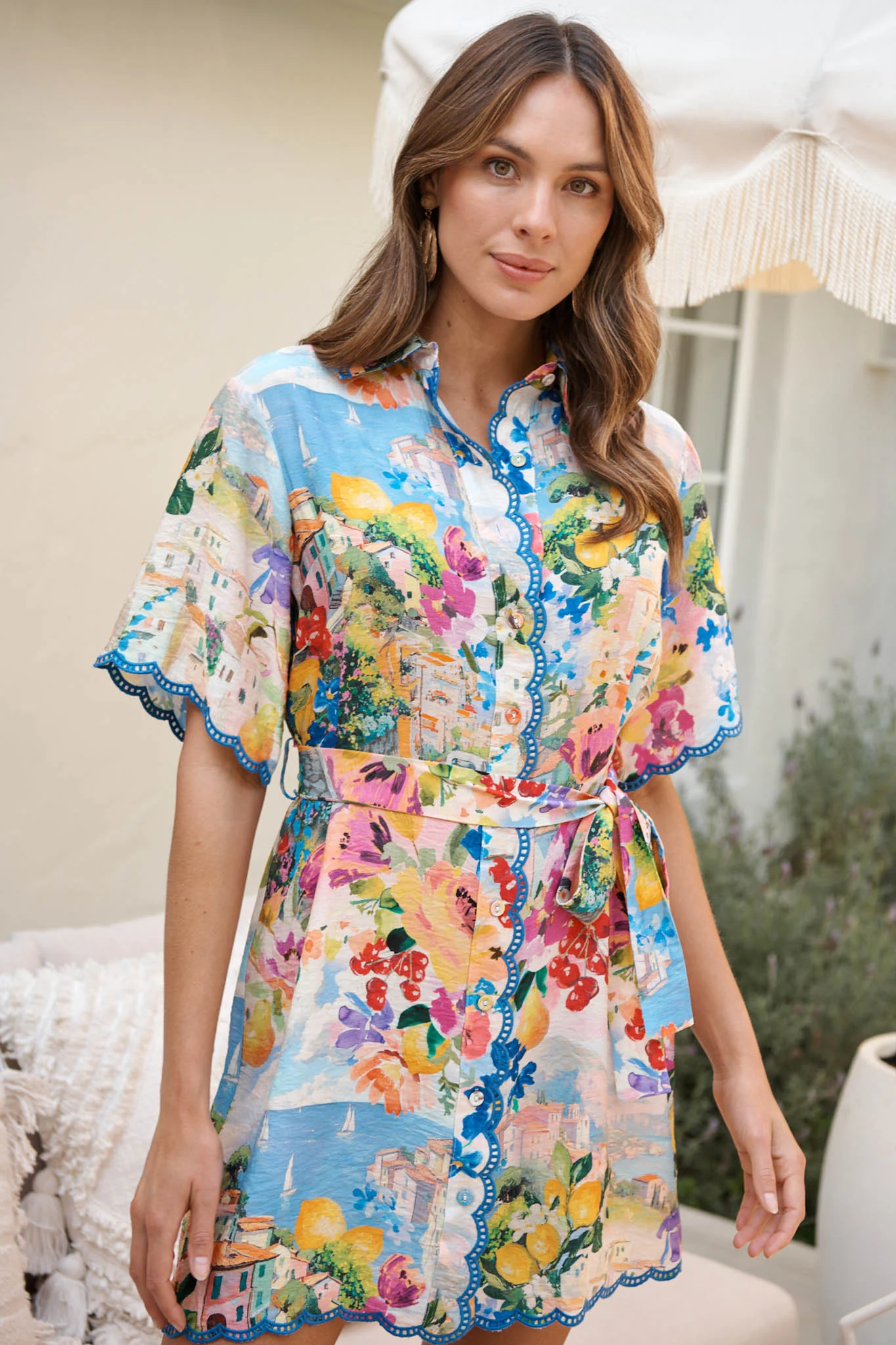 Miela Shirt Dress in Multi Floral with Navy Trim - Image 9