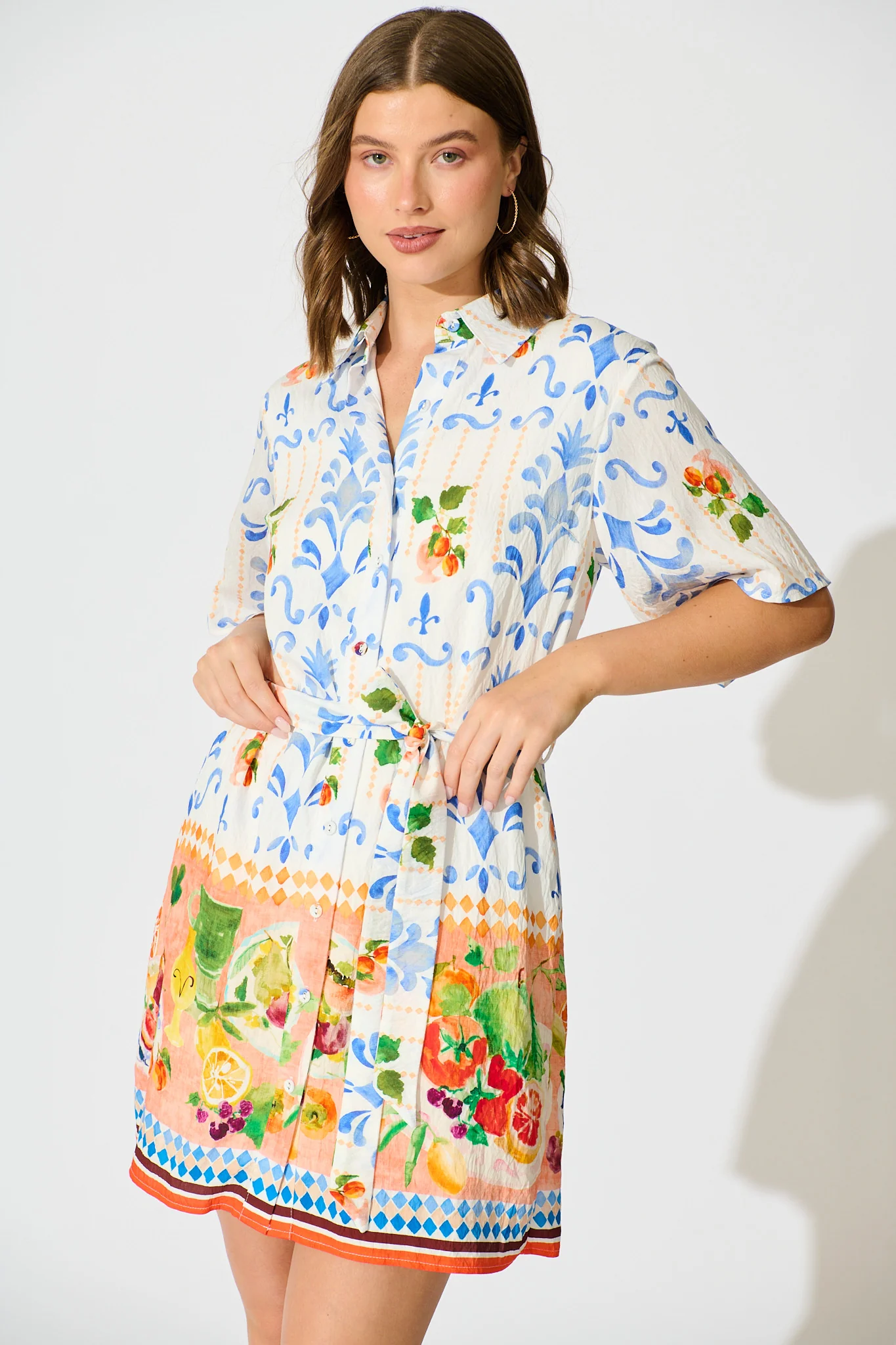 Miela Shirt Dress in Multi Fruit Border Print - Image 5