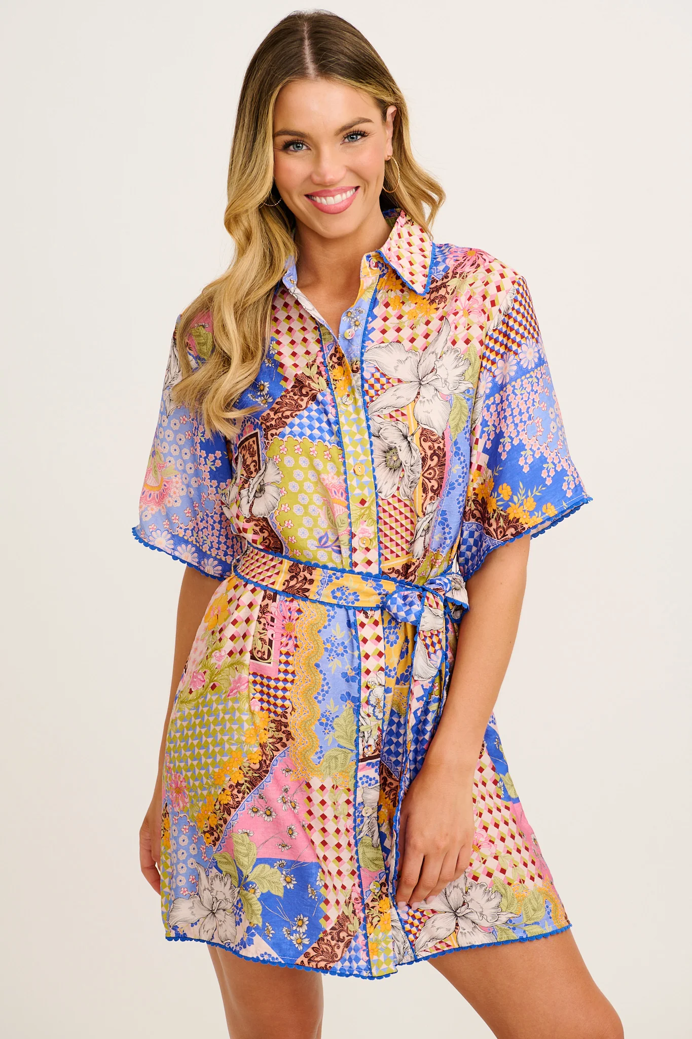 Miela Shirt Dress in Multi Patchwork Print - Image 2