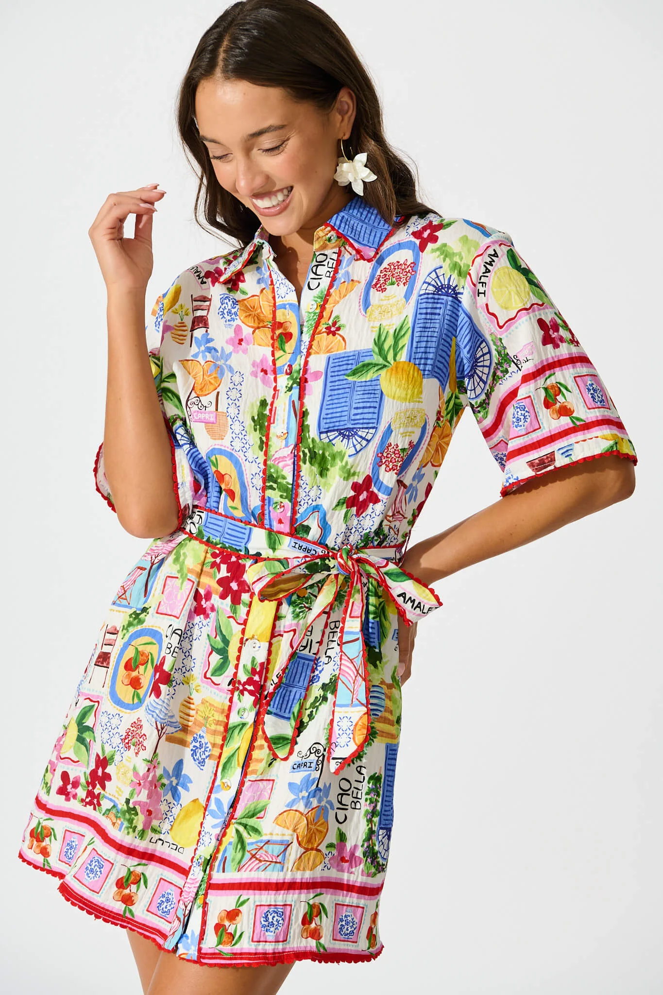 Miela Shirt Dress in White With Multi Print - Image 4