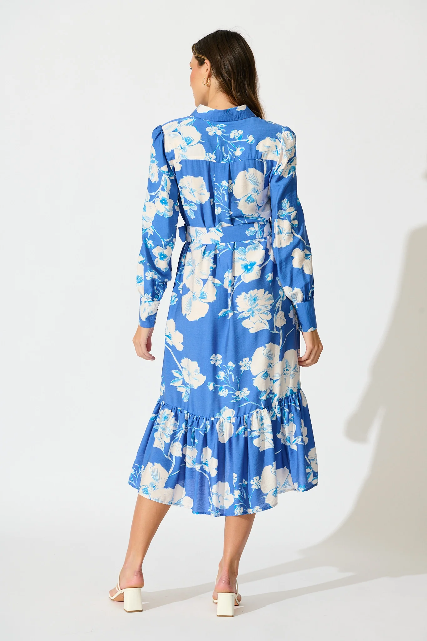 Mikayla Midi Shirt Dress in Blue with White Floral Linen Blend - Image 4